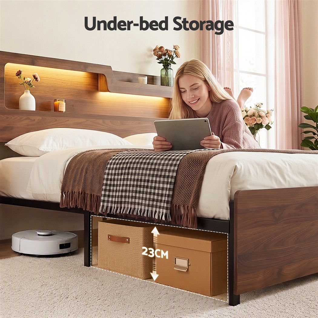 Queen Bed Frame Metal with Charging Station LED Light Storage Shelf