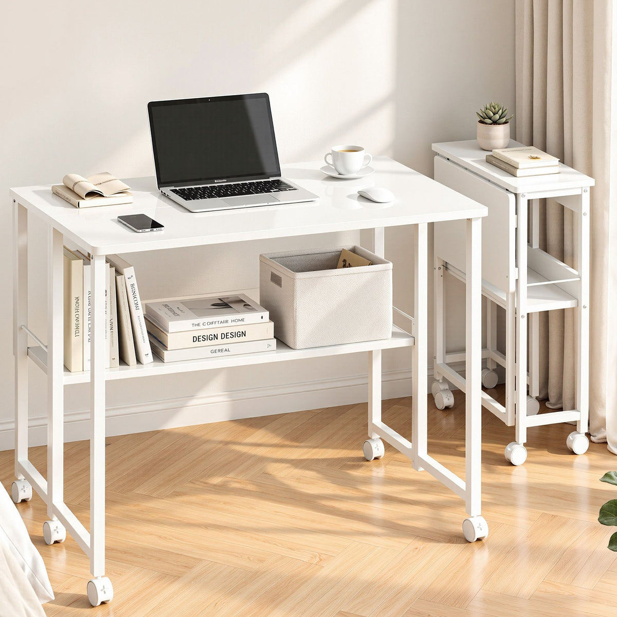 Foldable Mobile Computer Desk with Storage Shelf and Lockable Wheels 80cm - White