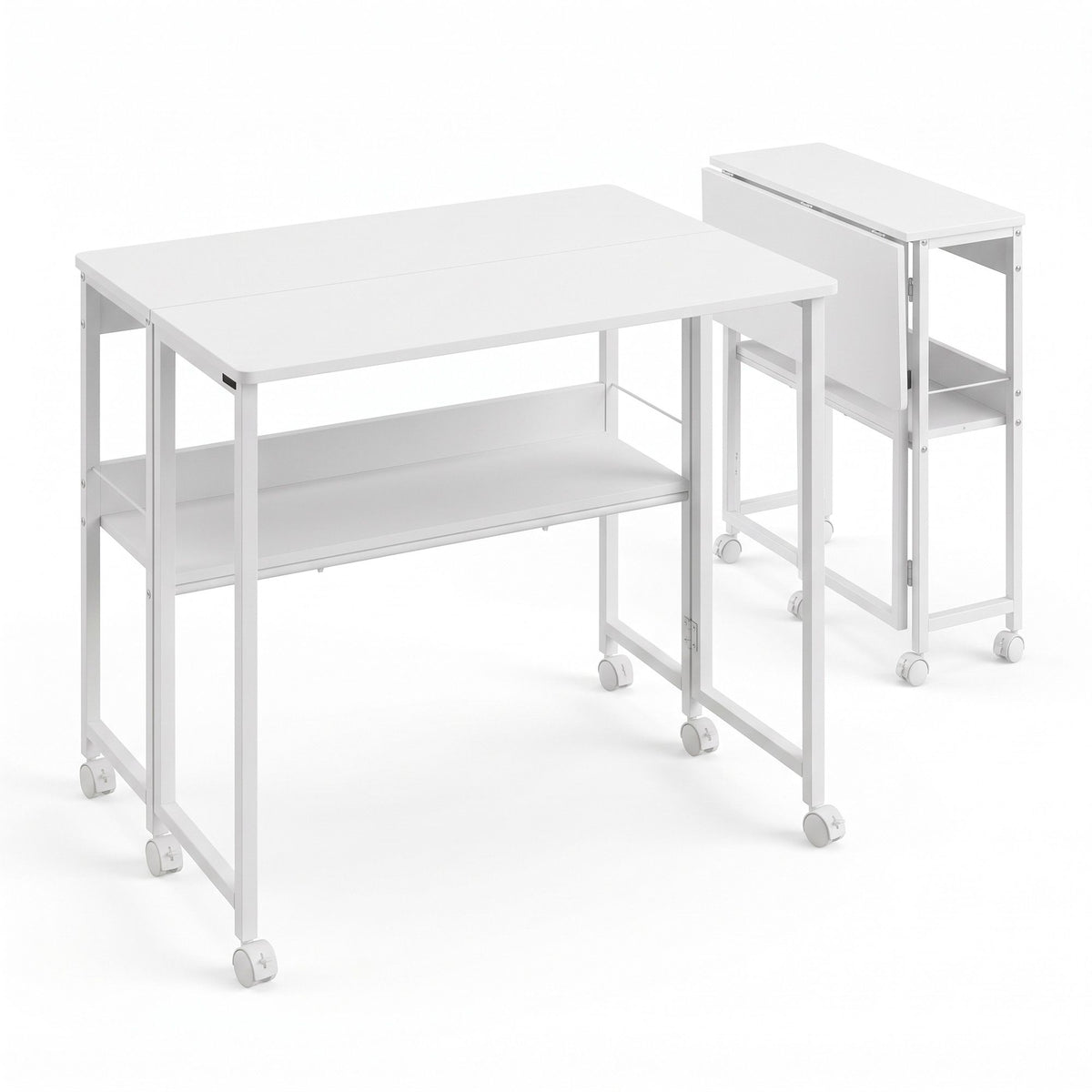Foldable Mobile Computer Desk with Storage Shelf and Lockable Wheels 80cm - White