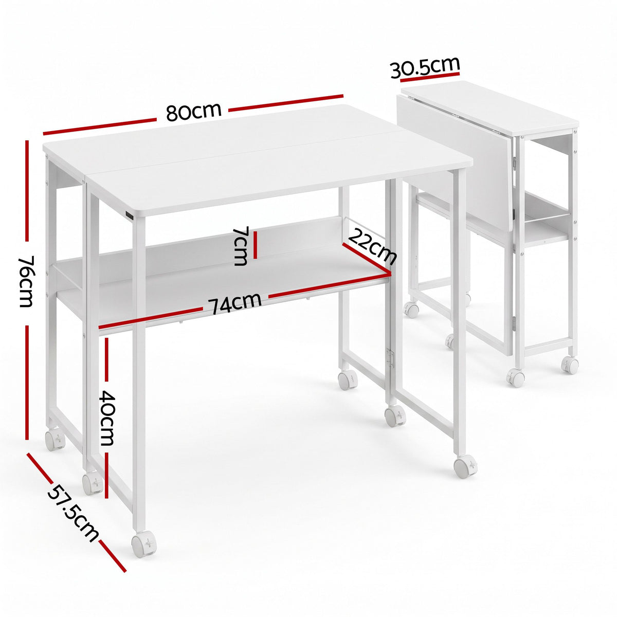 Foldable Mobile Computer Desk with Storage Shelf and Lockable Wheels 80cm - White