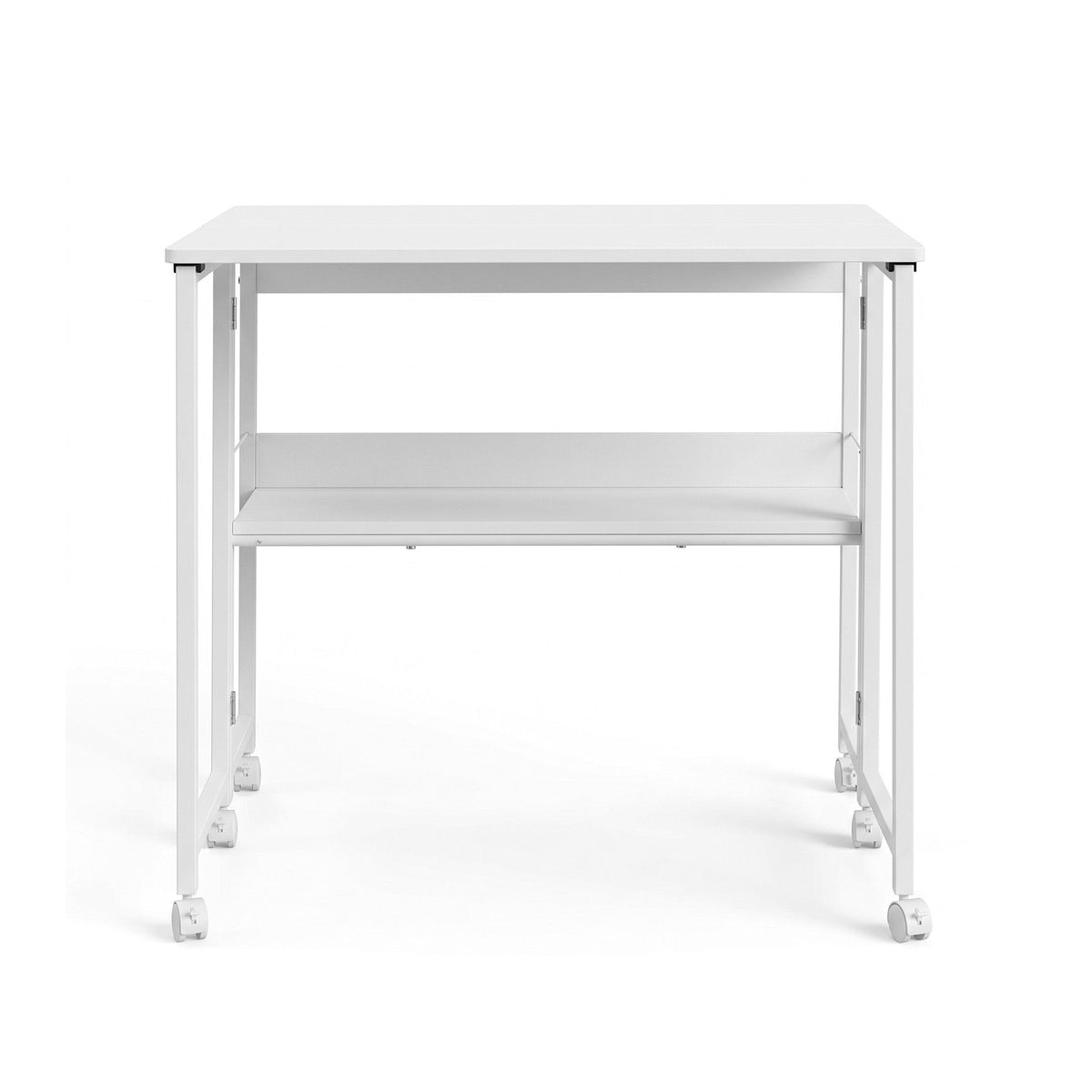 Foldable Mobile Computer Desk with Storage Shelf and Lockable Wheels 80cm - White