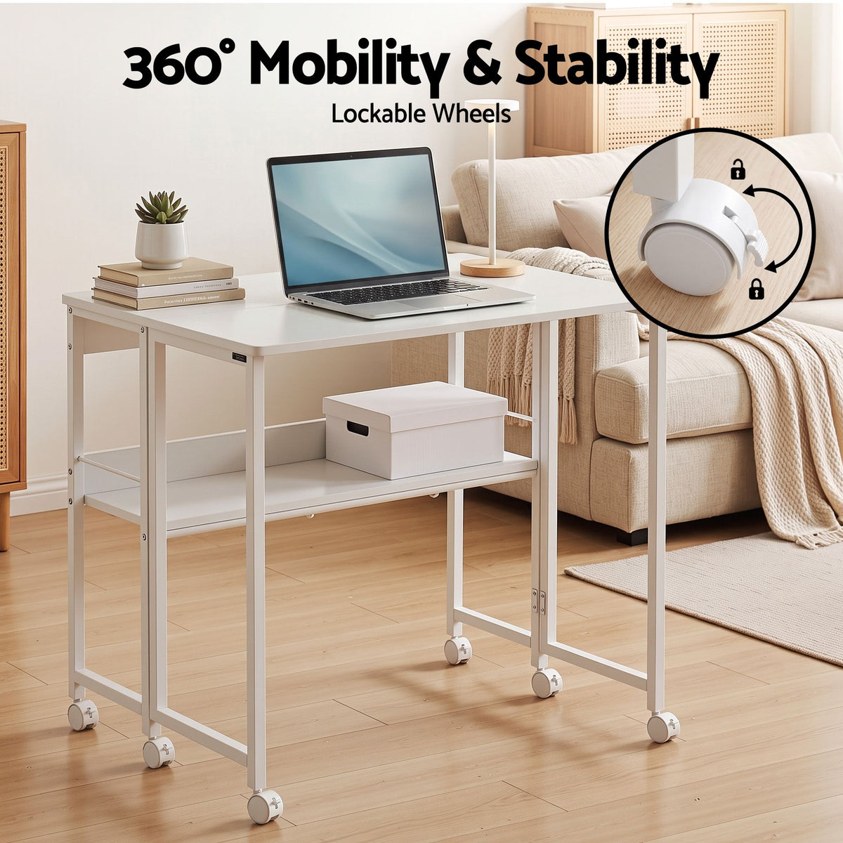 Foldable Mobile Computer Desk with Storage Shelf and Lockable Wheels 80cm - White