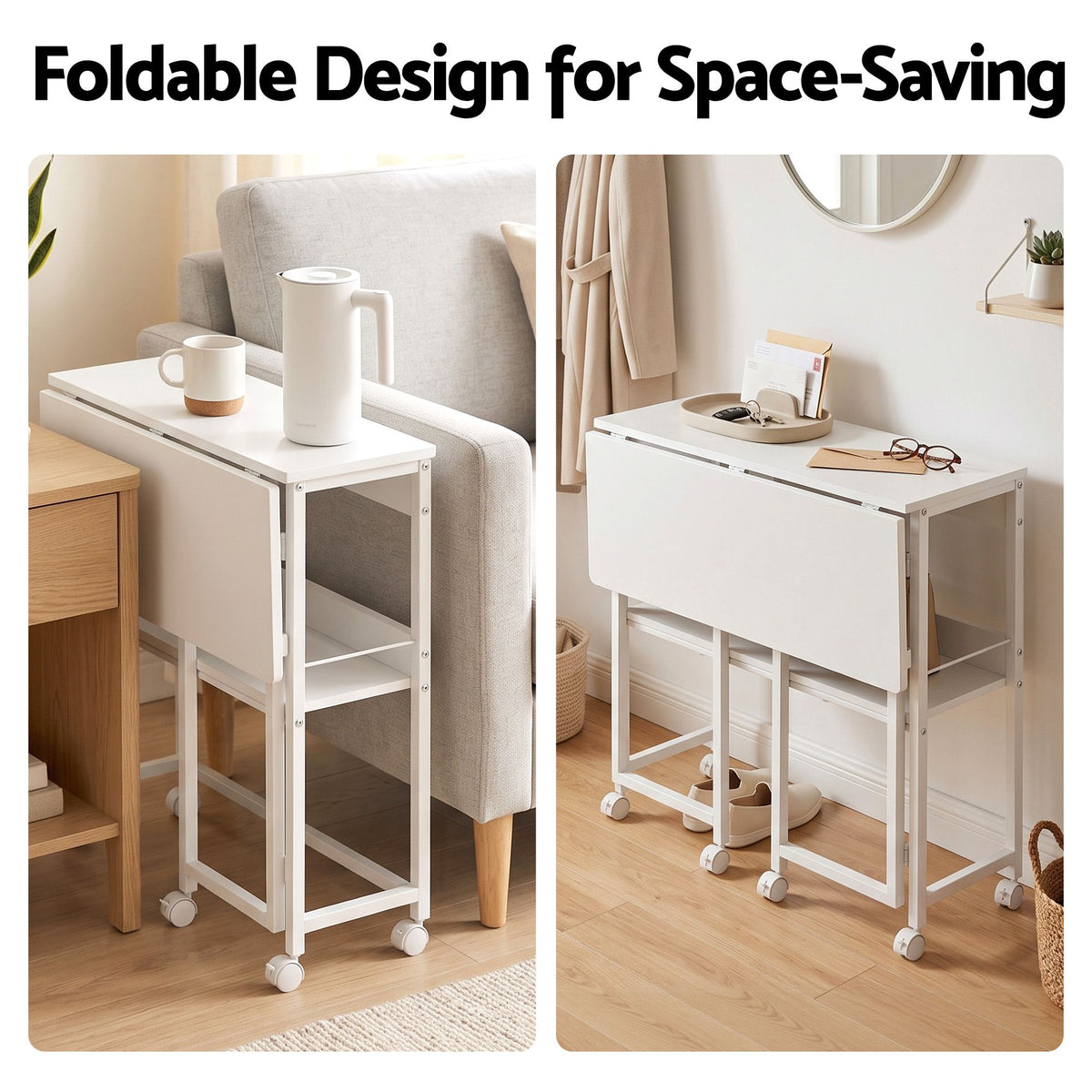 Foldable Mobile Computer Desk with Storage Shelf and Lockable Wheels 80cm - White