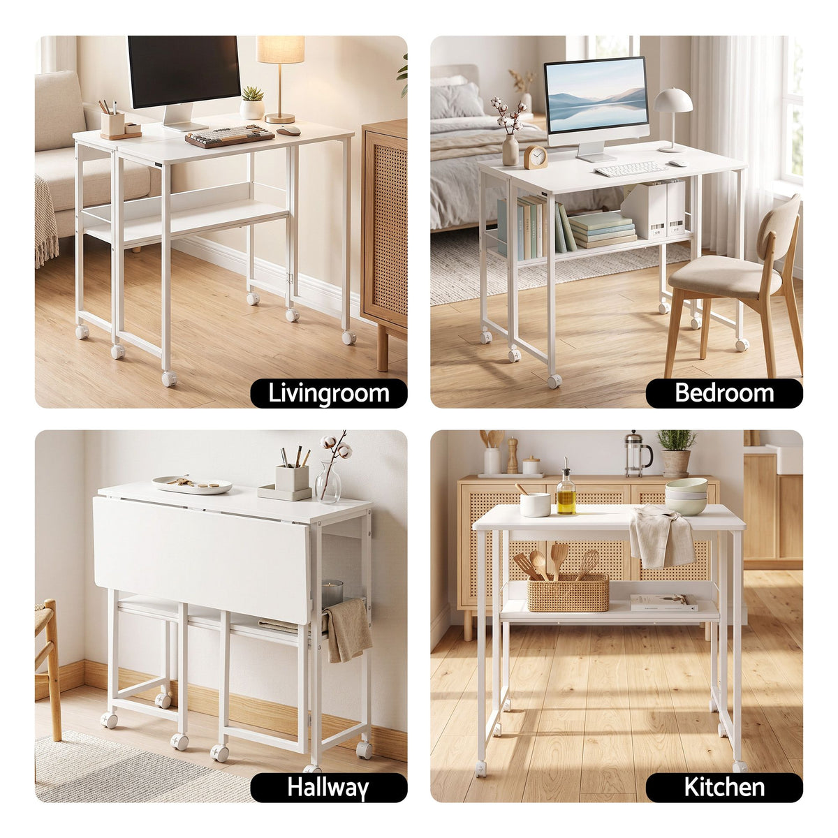 Foldable Mobile Computer Desk with Storage Shelf and Lockable Wheels 80cm - White