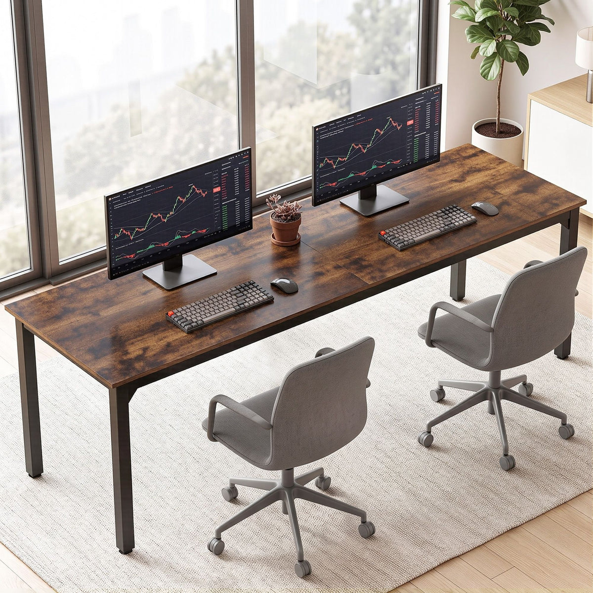 Computer Desk 2 Person Double Workstation 200cm - Rustic Brown