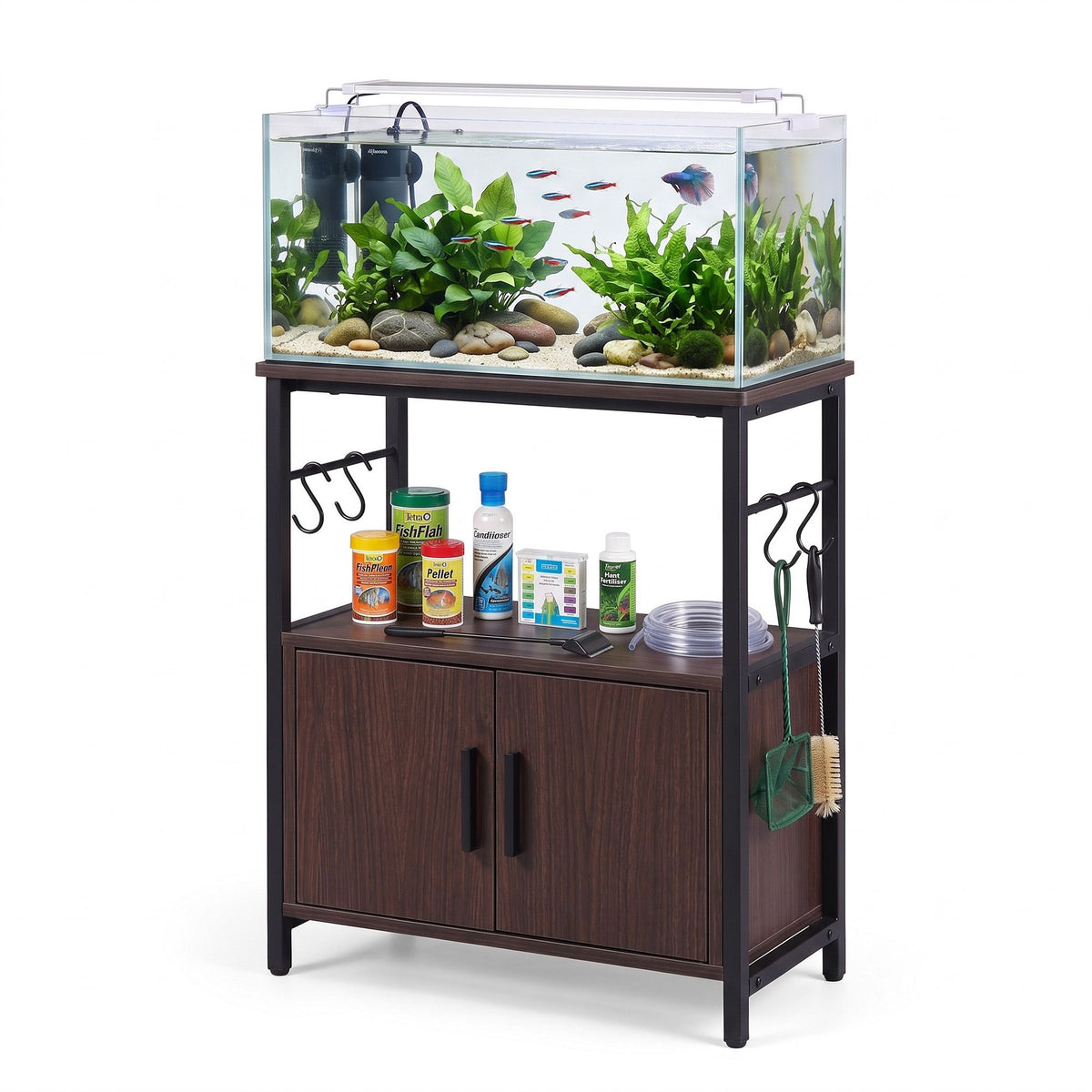 20 Gallon 3-Tier Fish Tank Stand with Storage Cabinet and Open Shelf - Walnut