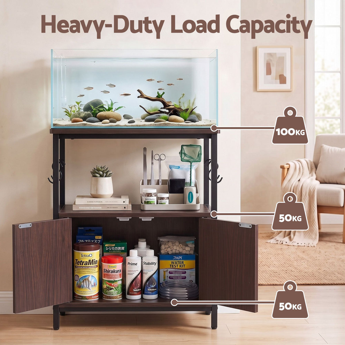 20 Gallon 3-Tier Fish Tank Stand with Storage Cabinet and Open Shelf - Walnut