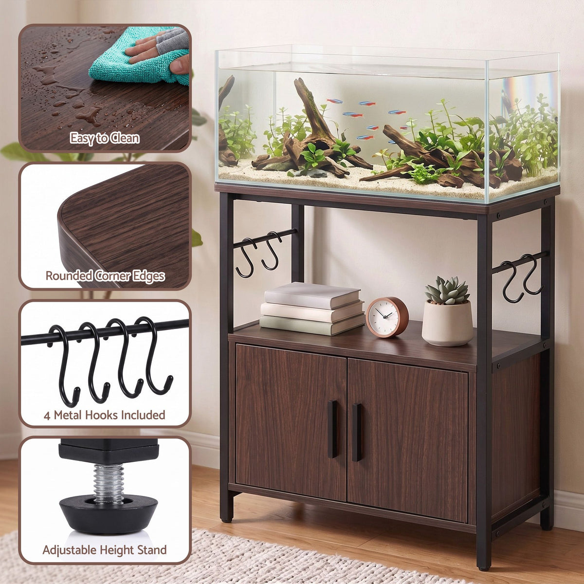 20 Gallon 3-Tier Fish Tank Stand with Storage Cabinet and Open Shelf - Walnut