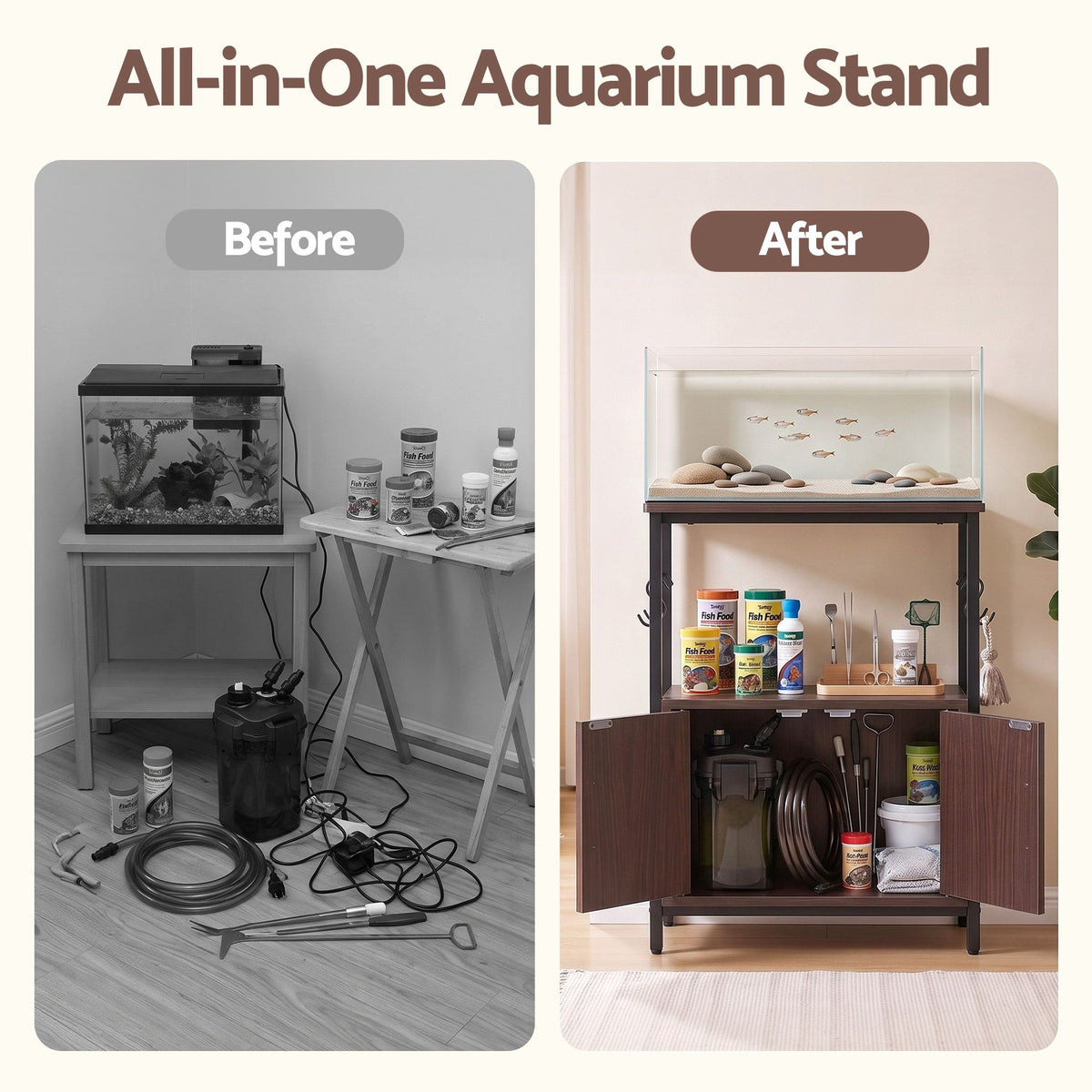 20 Gallon 3-Tier Fish Tank Stand with Storage Cabinet and Open Shelf - Walnut