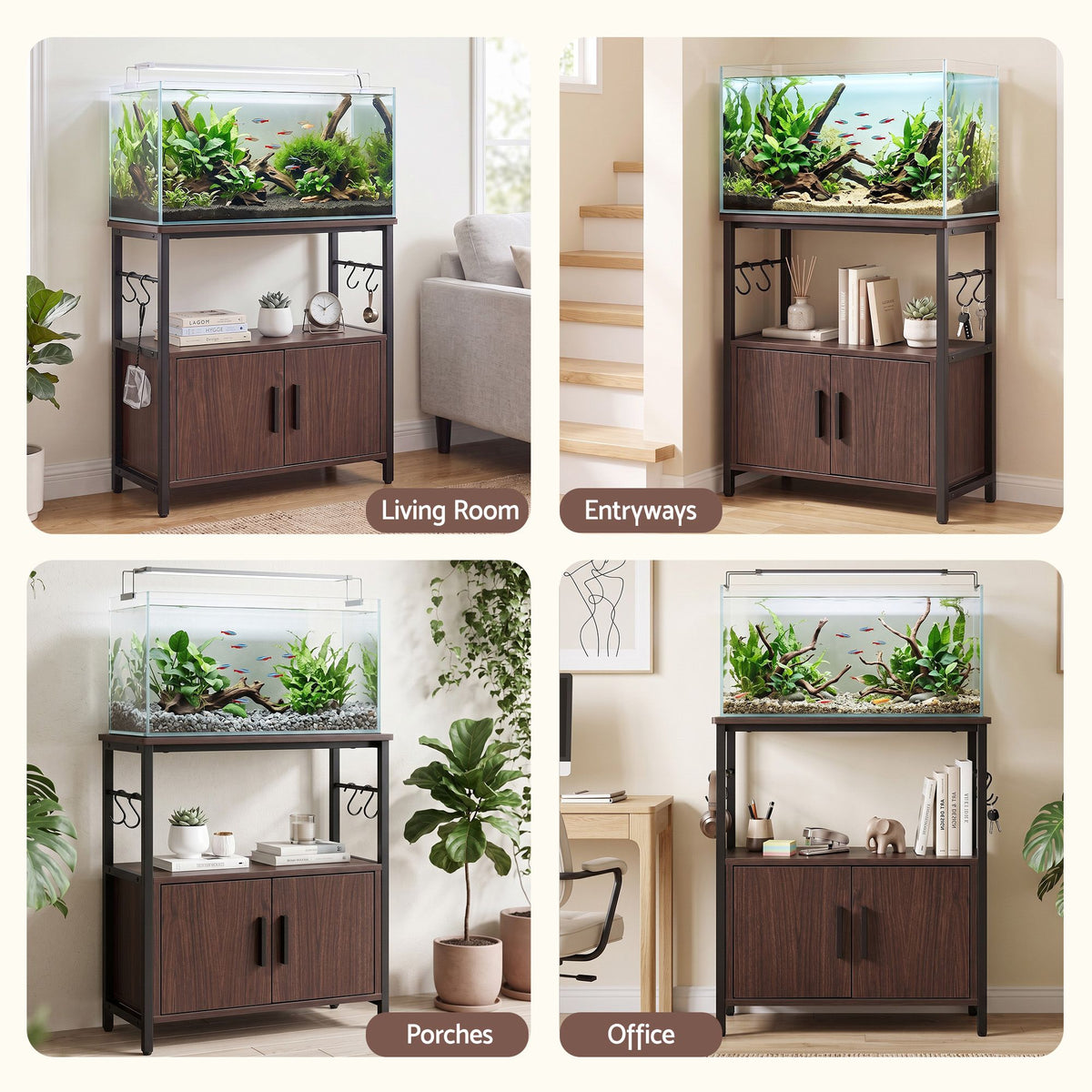 20 Gallon 3-Tier Fish Tank Stand with Storage Cabinet and Open Shelf - Walnut