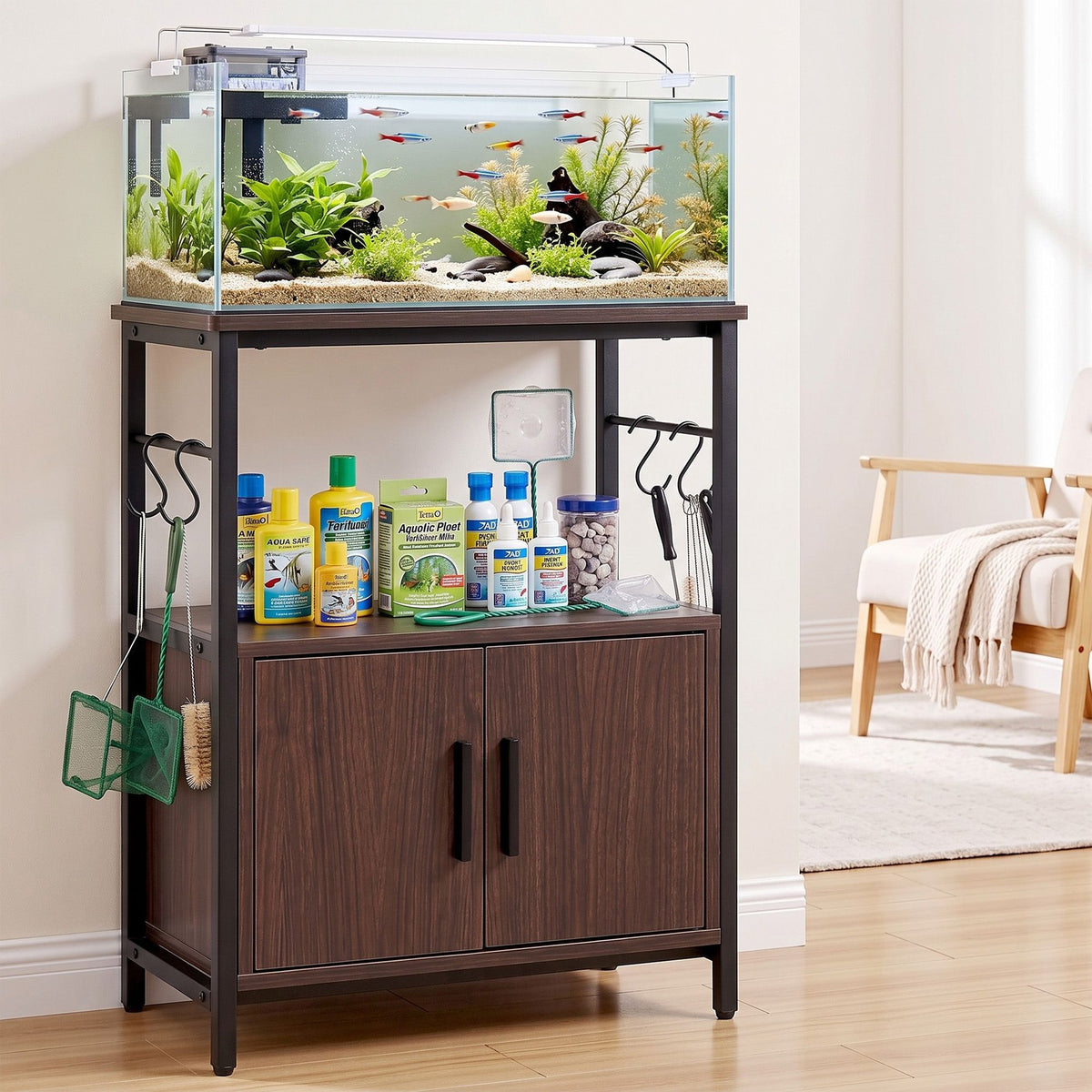 20 Gallon 3-Tier Fish Tank Stand with Storage Cabinet and Open Shelf - Walnut