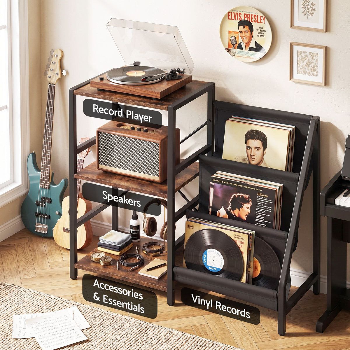 Record Player Stand with 3-Tier Vinyl Storage and Turntable Shelf