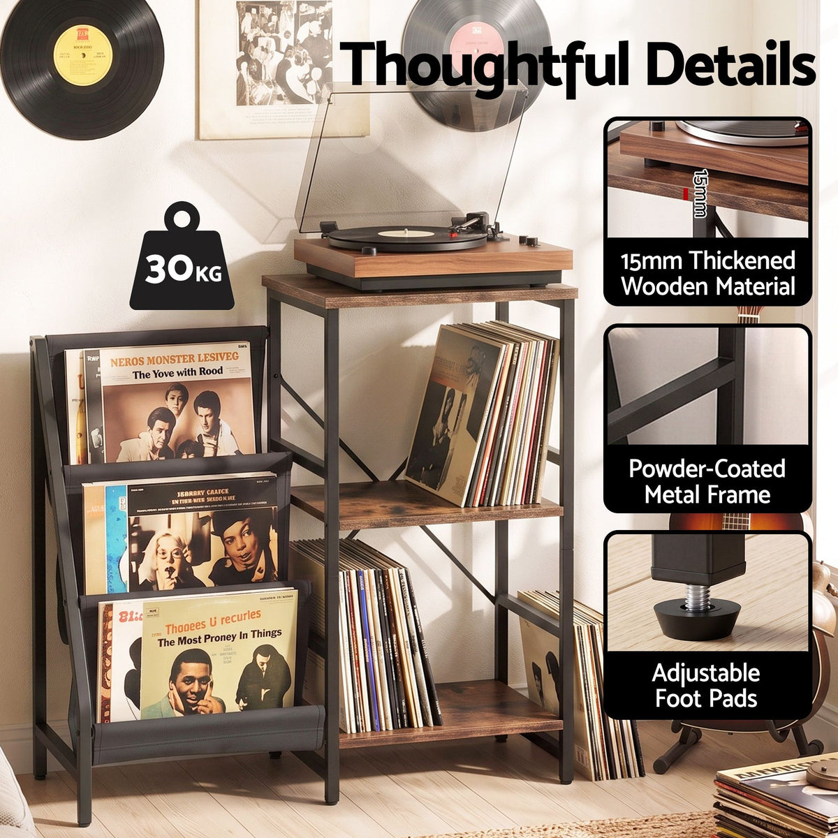Record Player Stand with 3-Tier Vinyl Storage and Turntable Shelf
