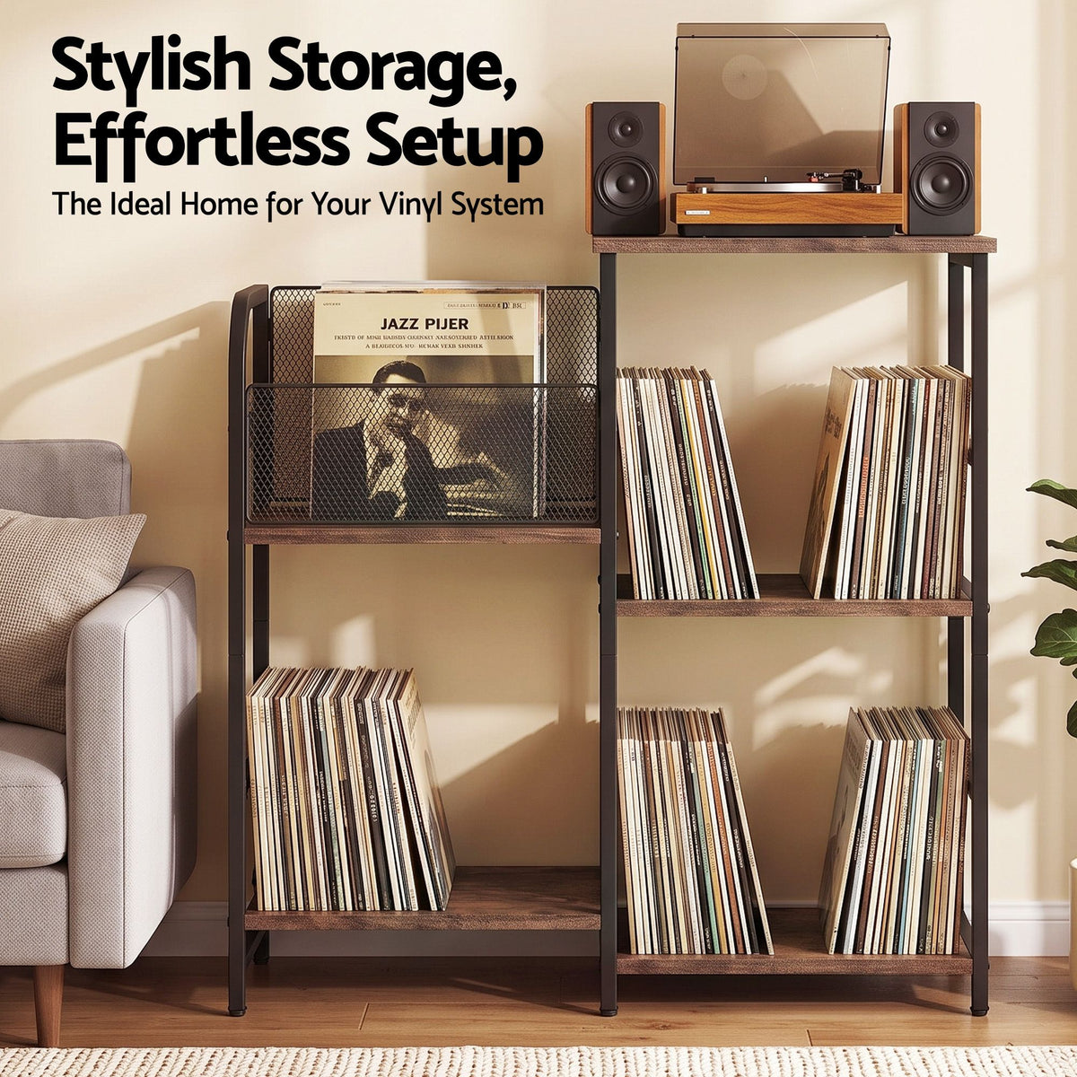 Record Player Stand with Vinyl Storage and Turntable Shelves - Brown and Black
