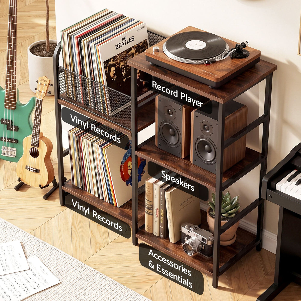 Record Player Stand with Vinyl Storage and Turntable Shelves - Brown and Black