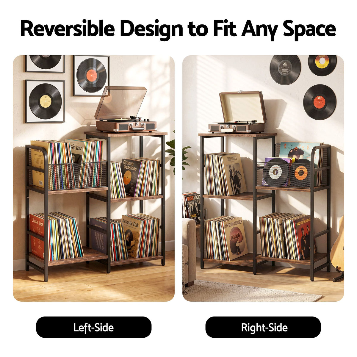 Record Player Stand with Vinyl Storage and Turntable Shelves - Brown and Black
