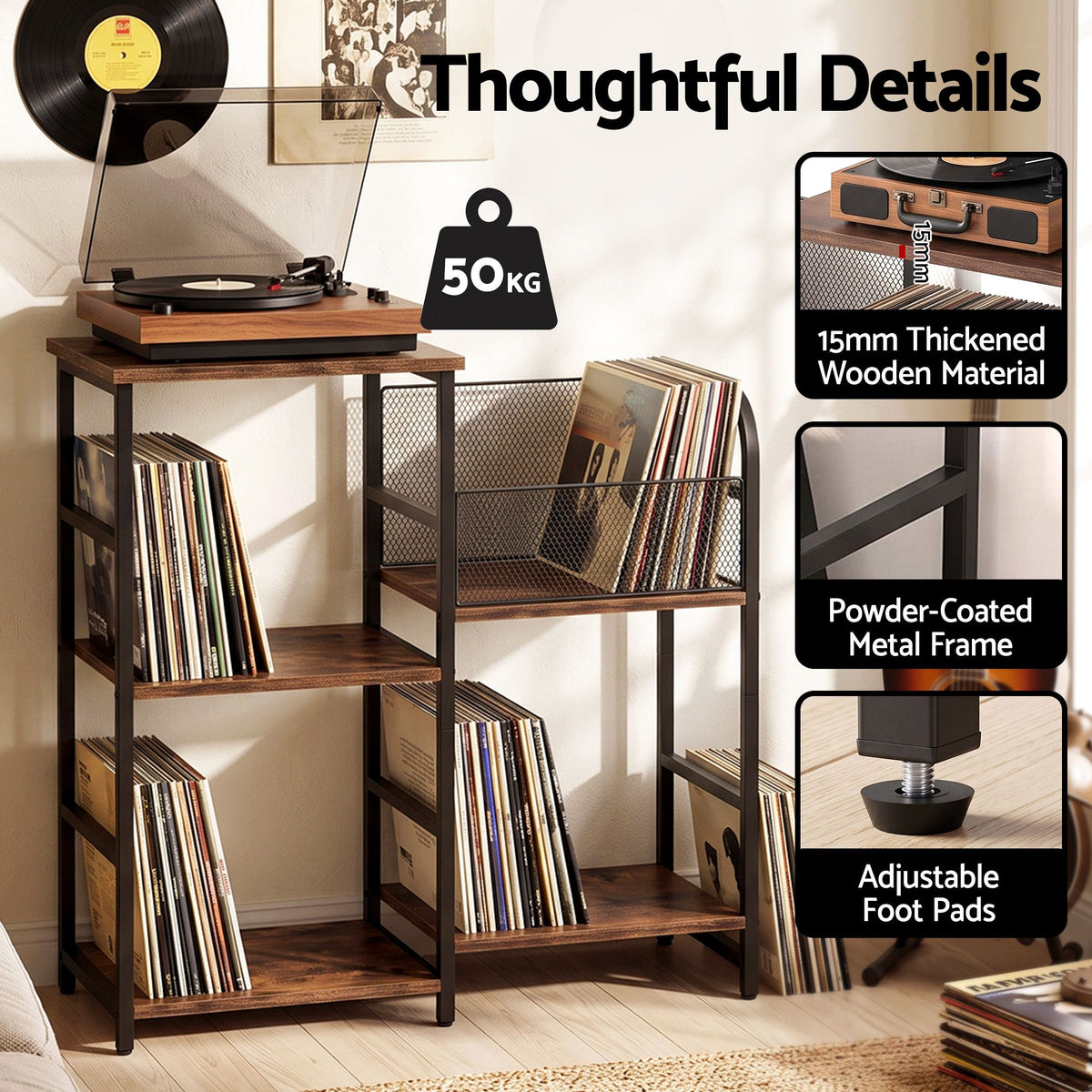Record Player Stand with Vinyl Storage and Turntable Shelves - Brown and Black