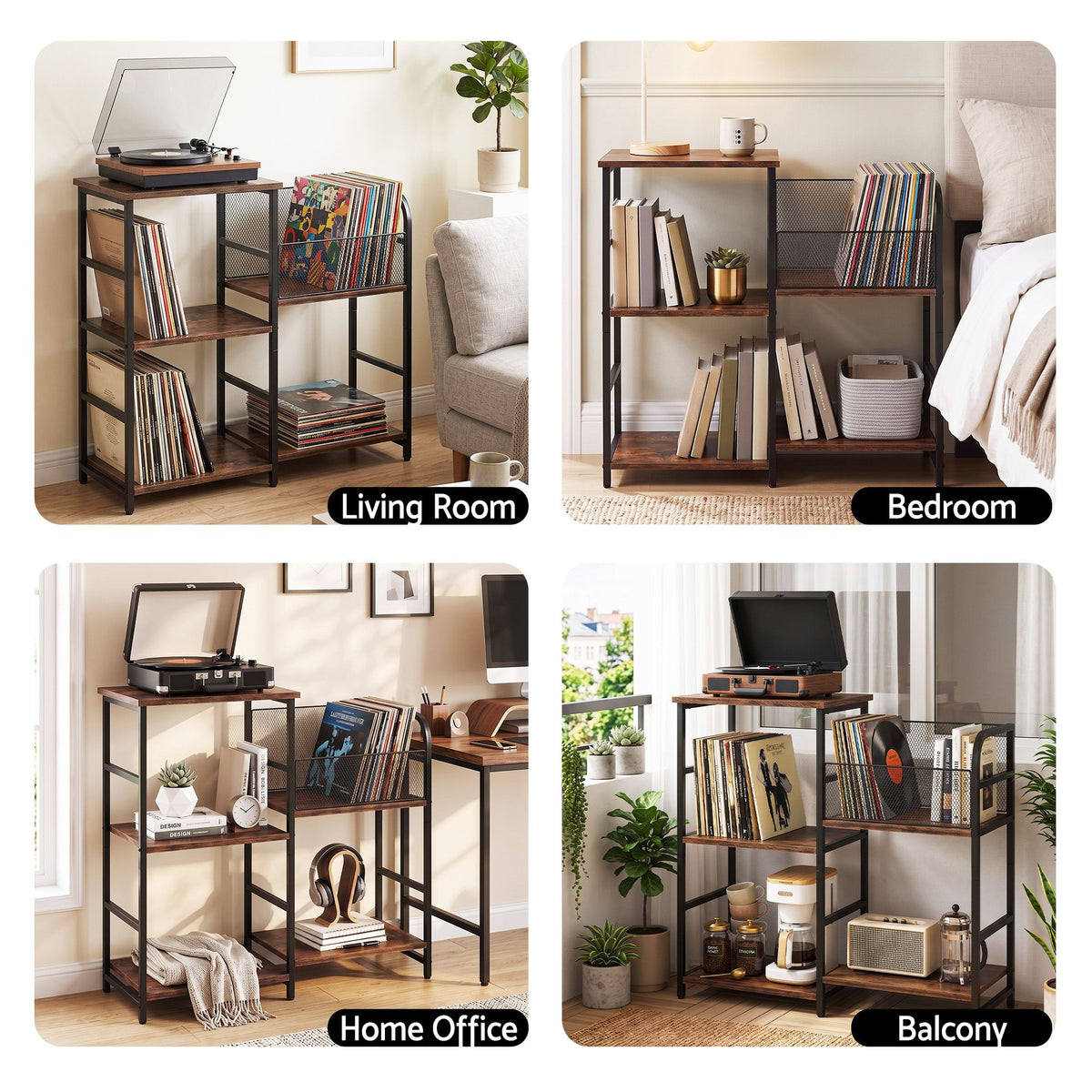 Record Player Stand with Vinyl Storage and Turntable Shelves - Brown and Black