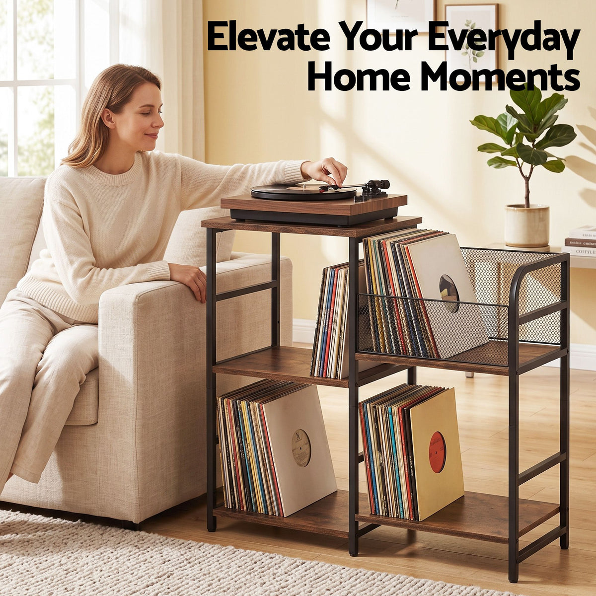 Record Player Stand with Vinyl Storage and Turntable Shelves - Brown and Black