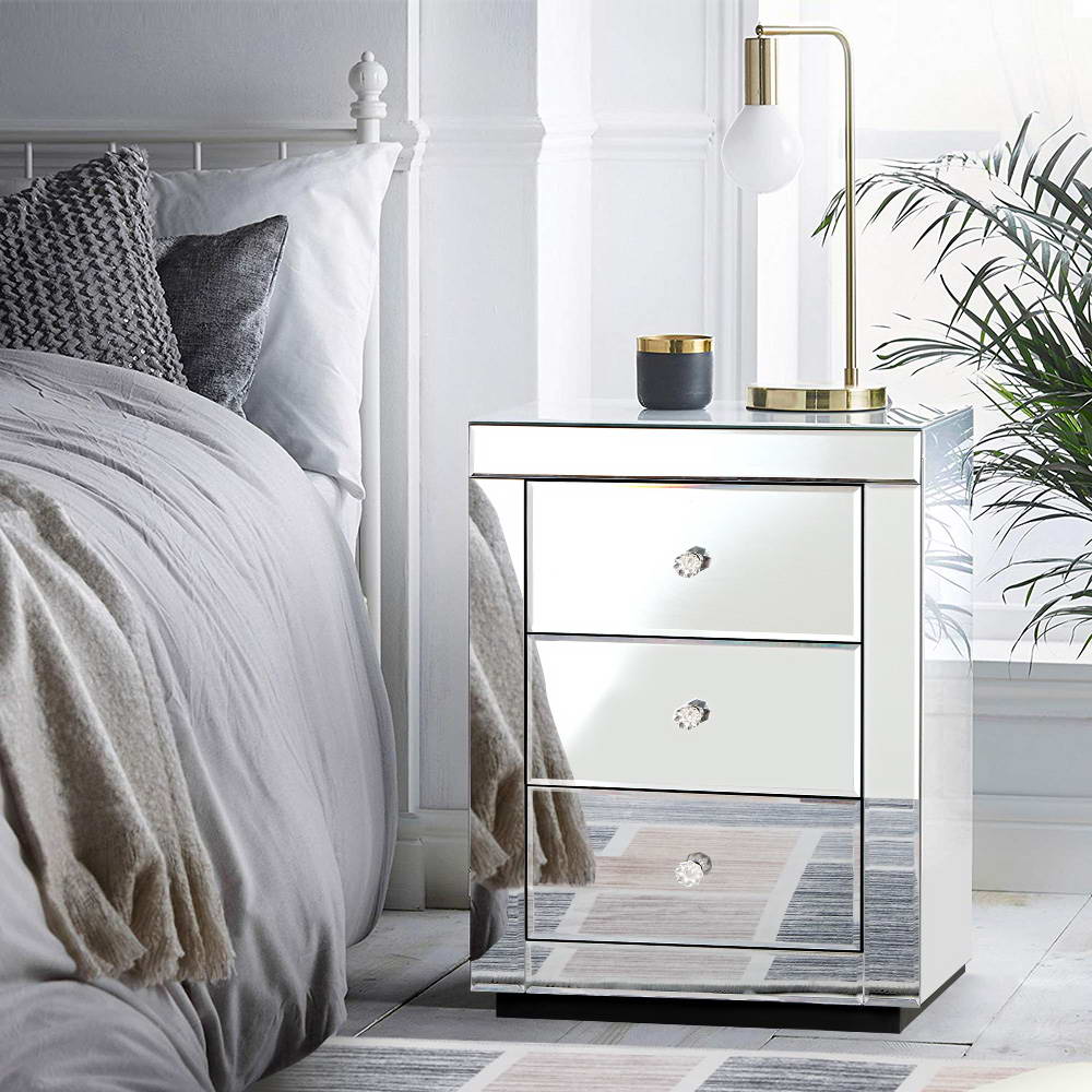 Mirrored Bedside Table Drawers Furniture Mirror Glass Presia Silver
