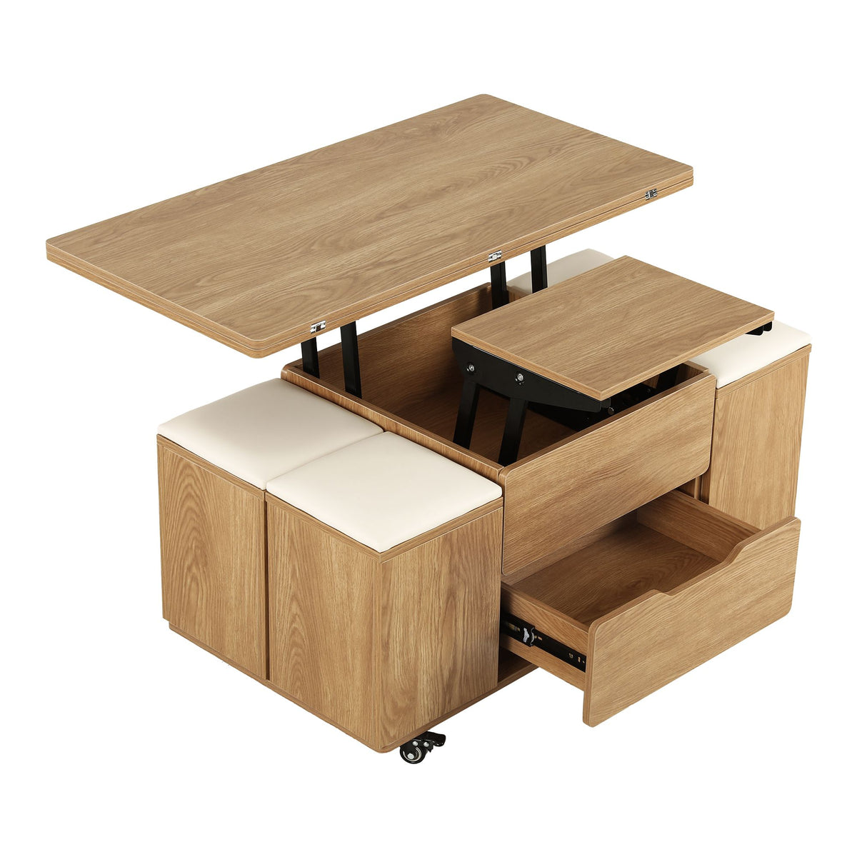 3-in-1 Lift-Top Coffee Table with 4 Cushioned Chairs, Dining Table, Work Desk & Built-in Storage - Natural