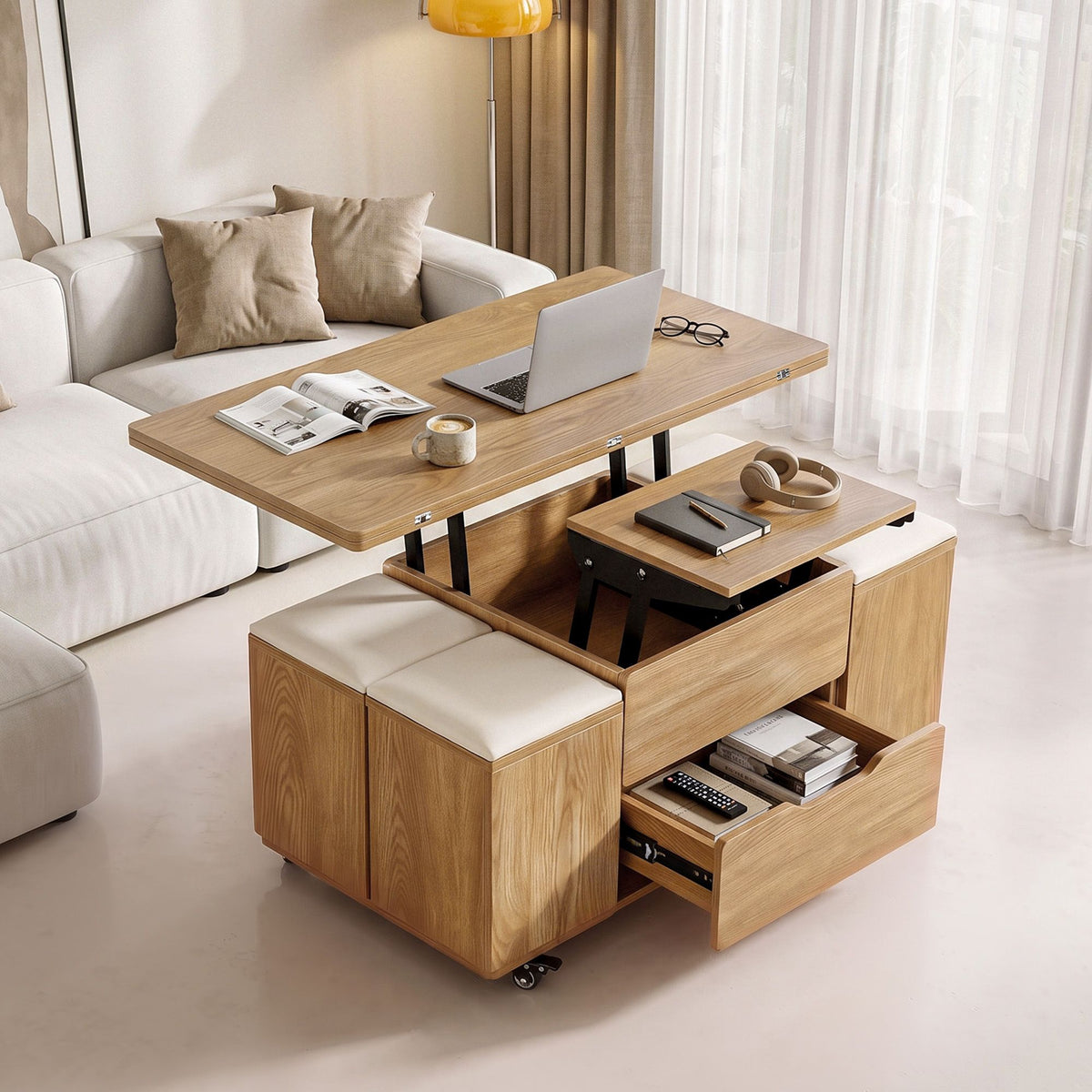 3-in-1 Lift-Top Coffee Table with 4 Cushioned Chairs, Dining Table, Work Desk & Built-in Storage - Natural