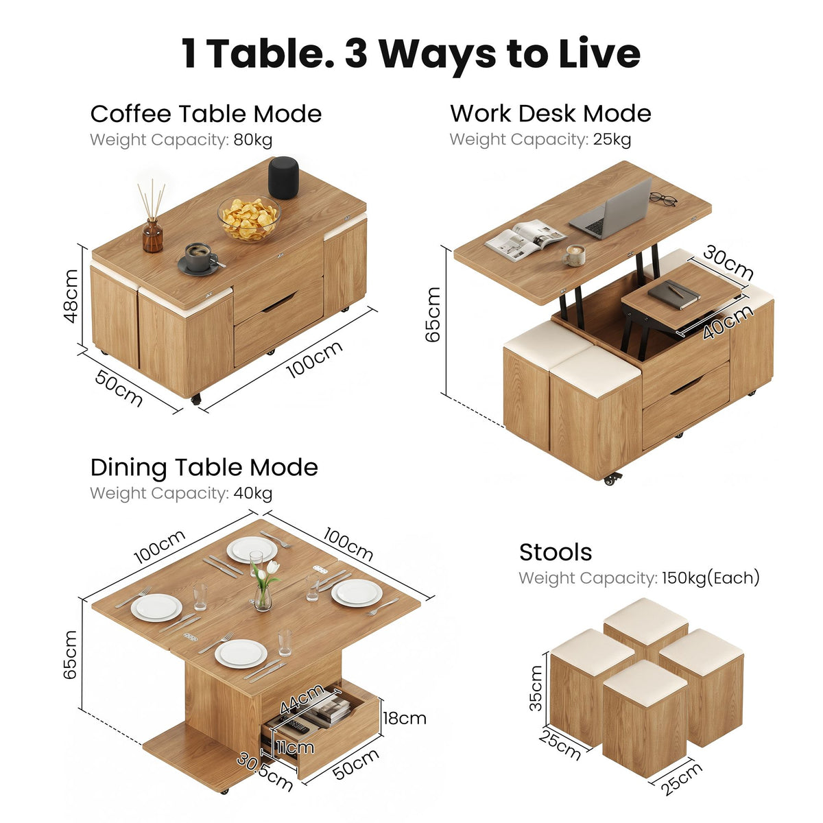 3-in-1 Lift-Top Coffee Table with 4 Cushioned Chairs, Dining Table, Work Desk & Built-in Storage - Natural