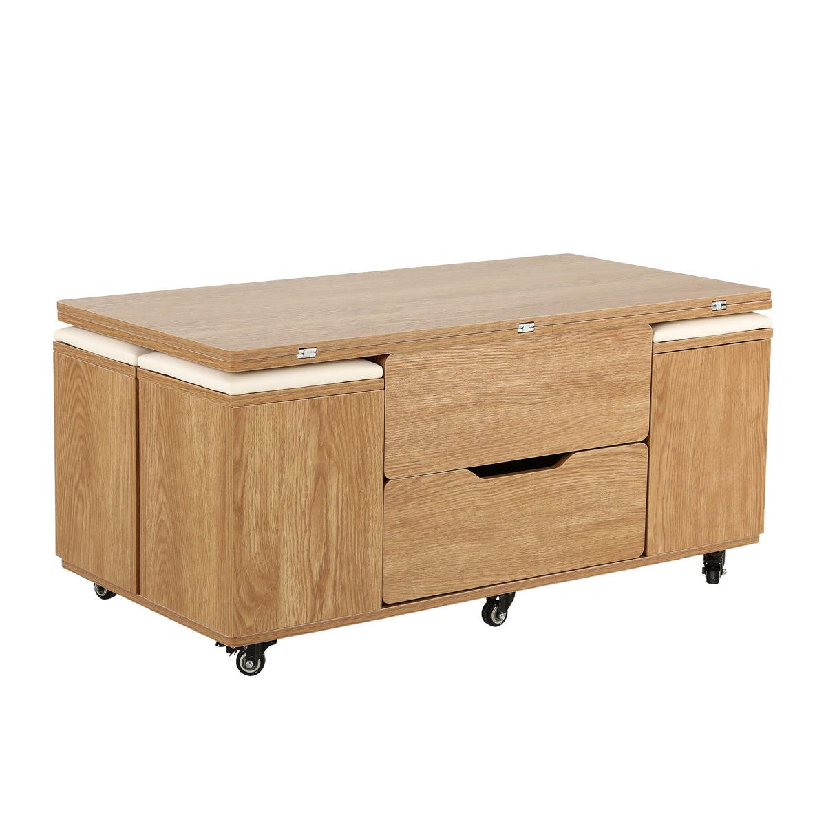 3-in-1 Lift-Top Coffee Table with 4 Cushioned Chairs, Dining Table, Work Desk & Built-in Storage - Natural