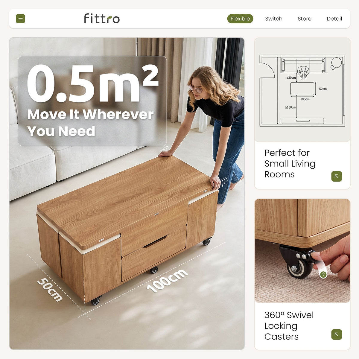 3-in-1 Lift-Top Coffee Table with 4 Cushioned Chairs, Dining Table, Work Desk & Built-in Storage - Natural