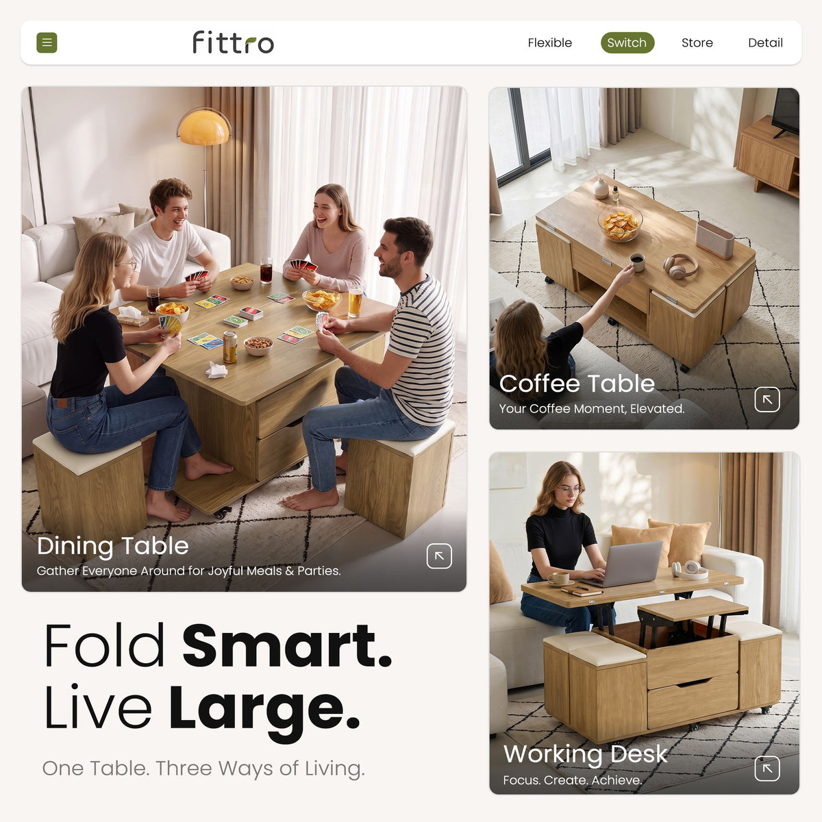 3-in-1 Lift-Top Coffee Table with 4 Cushioned Chairs, Dining Table, Work Desk & Built-in Storage - Natural