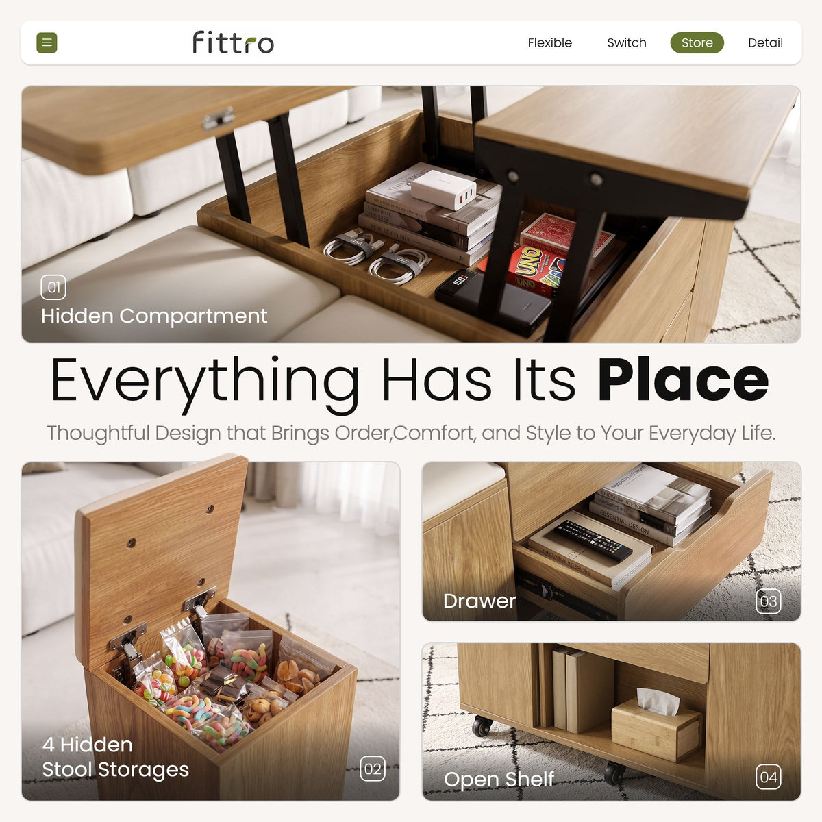 3-in-1 Lift-Top Coffee Table with 4 Cushioned Chairs, Dining Table, Work Desk & Built-in Storage - Natural