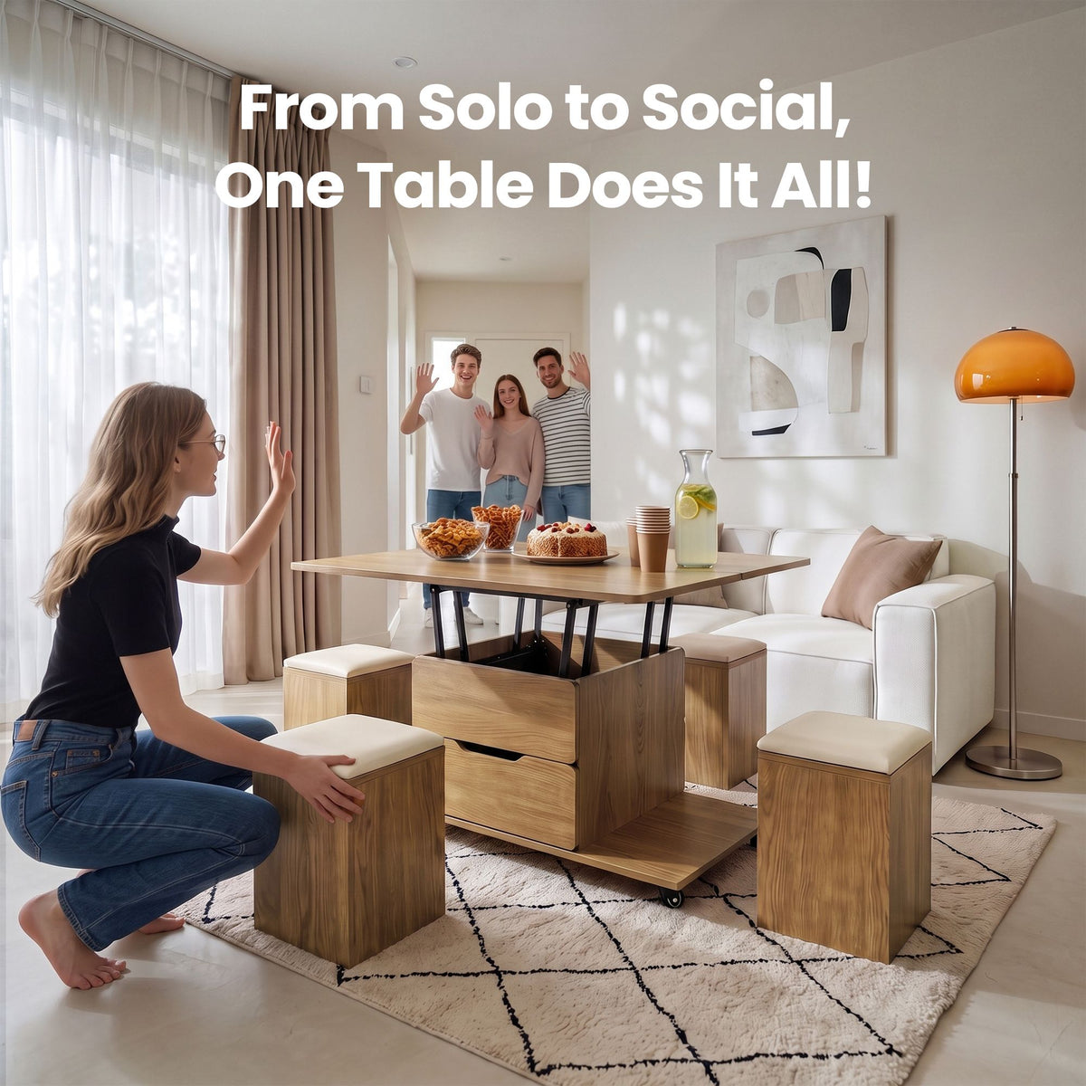 3-in-1 Lift-Top Coffee Table with 4 Cushioned Chairs, Dining Table, Work Desk & Built-in Storage - Natural