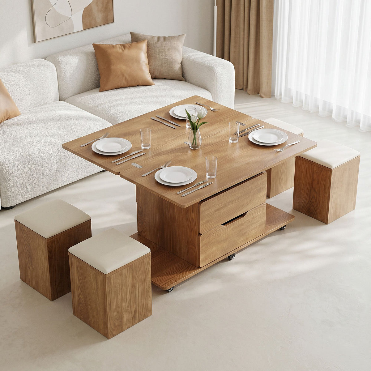 3-in-1 Lift-Top Coffee Table with 4 Cushioned Chairs, Dining Table, Work Desk & Built-in Storage - Natural