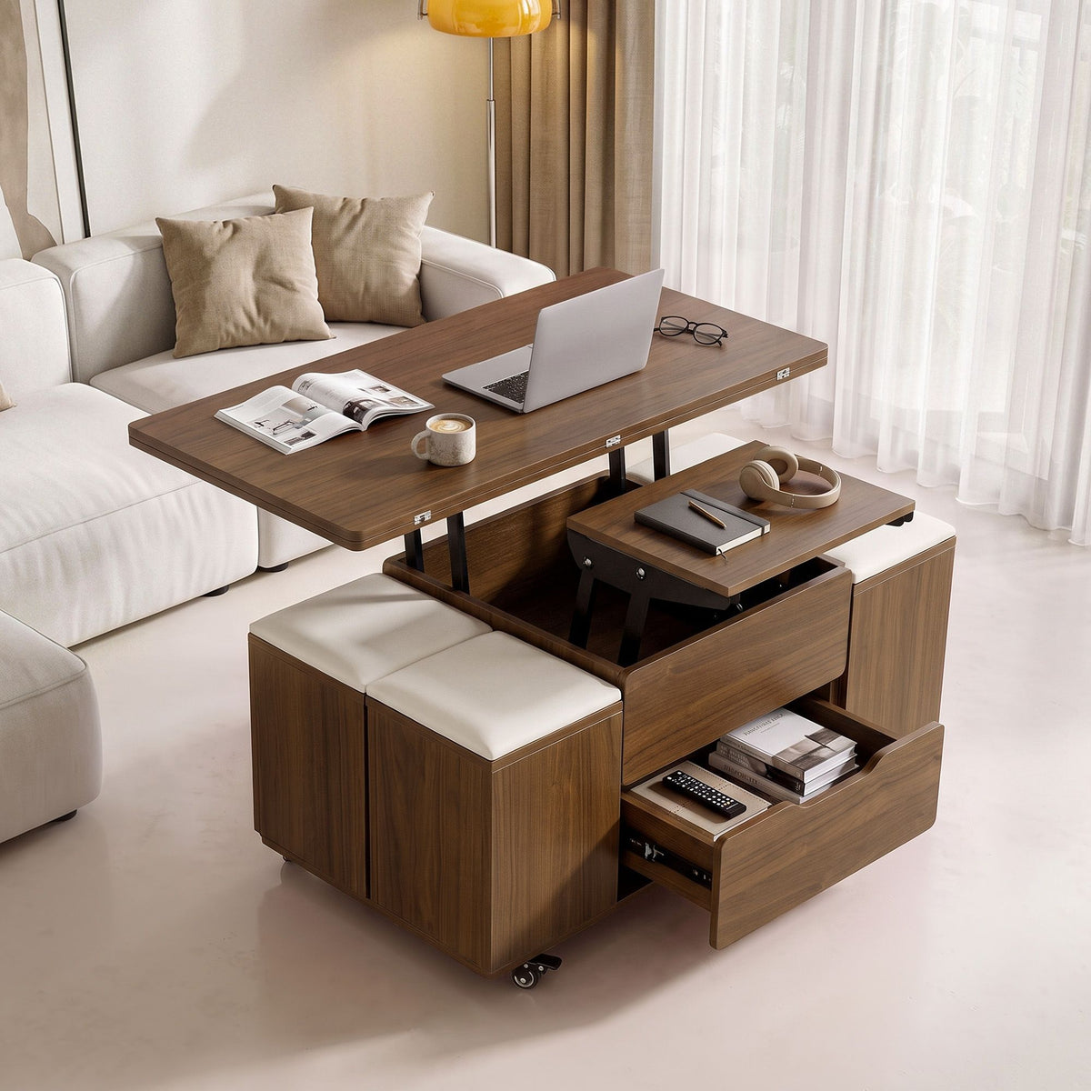 3-in-1 Lift-Top Coffee Table with 4 Cushioned Chairs, Storage, Hydraulic Swivel & Lockable Castors - Walnut