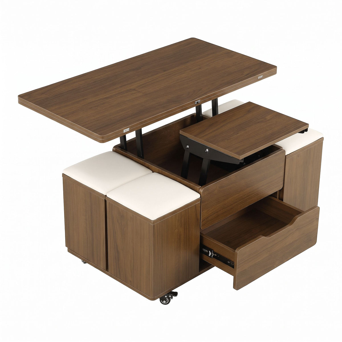 3-in-1 Lift-Top Coffee Table with 4 Cushioned Chairs, Storage, Hydraulic Swivel & Lockable Castors - Walnut