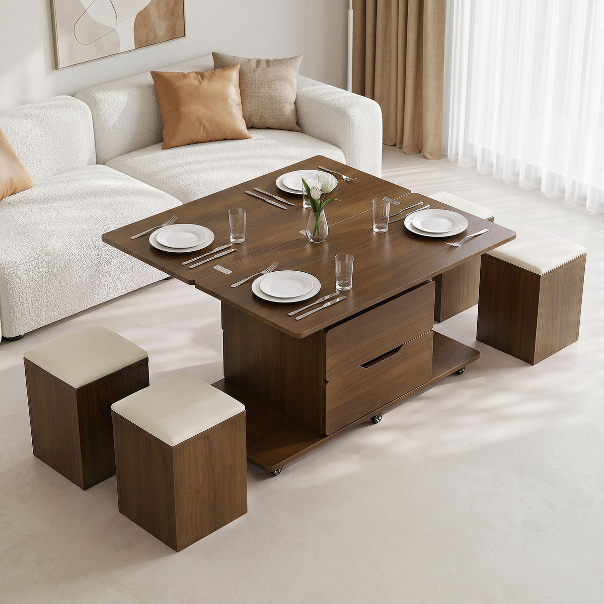 3-in-1 Lift-Top Coffee Table with 4 Cushioned Chairs, Storage, Hydraulic Swivel & Lockable Castors - Walnut