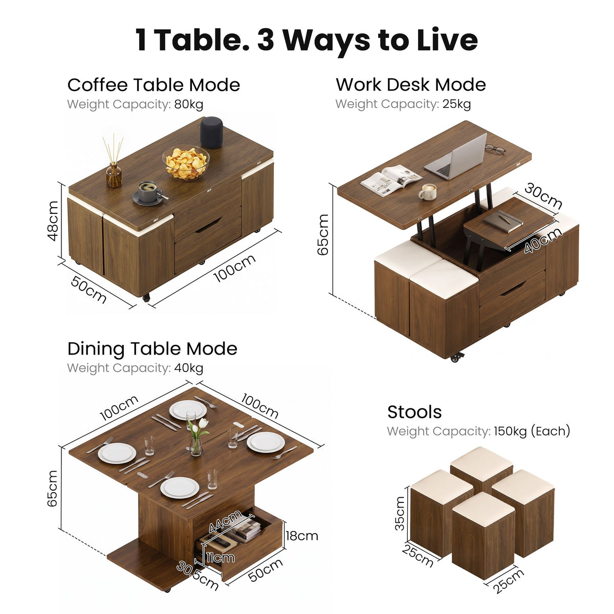 3-in-1 Lift-Top Coffee Table with 4 Cushioned Chairs, Storage, Hydraulic Swivel & Lockable Castors - Walnut