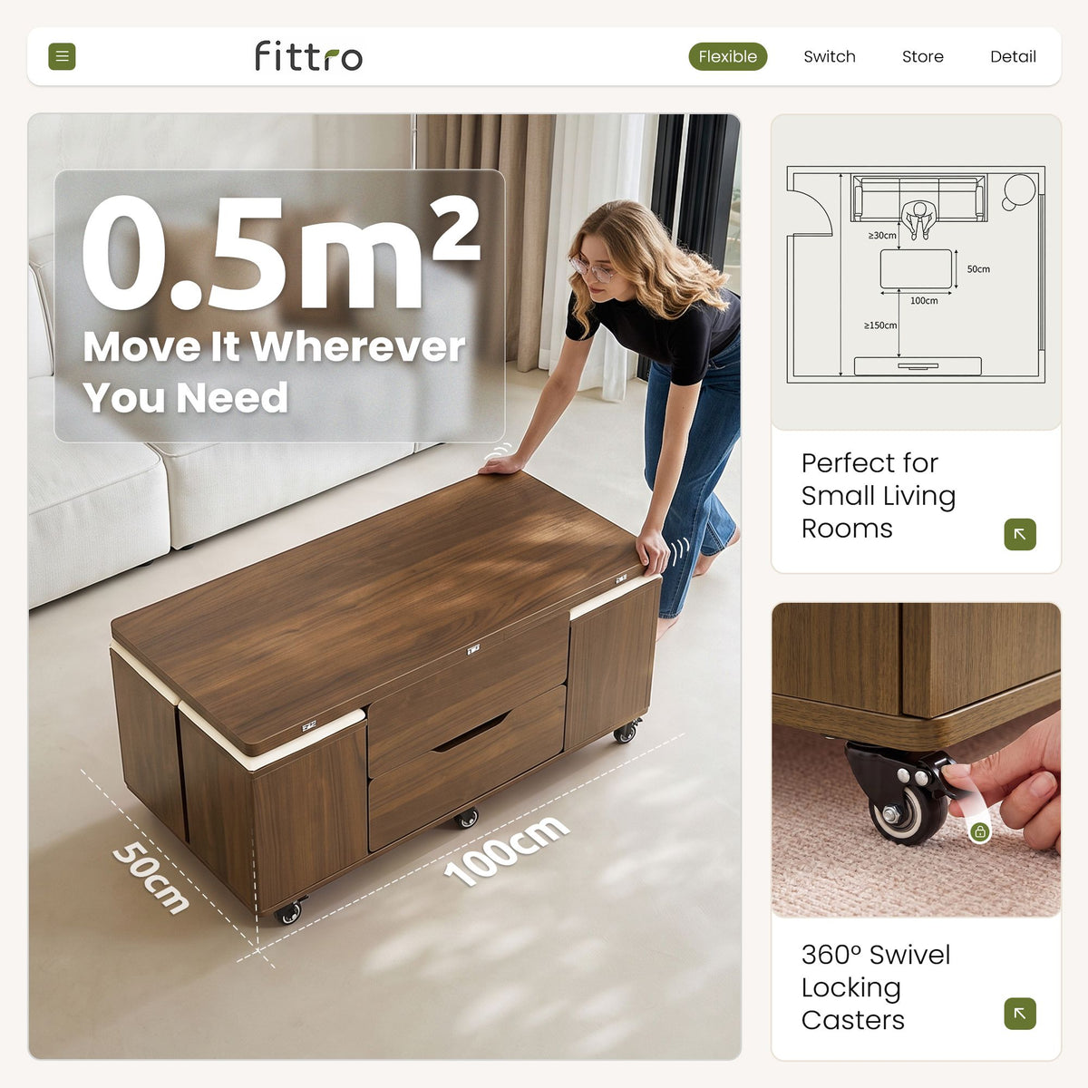 3-in-1 Lift-Top Coffee Table with 4 Cushioned Chairs, Storage, Hydraulic Swivel & Lockable Castors - Walnut