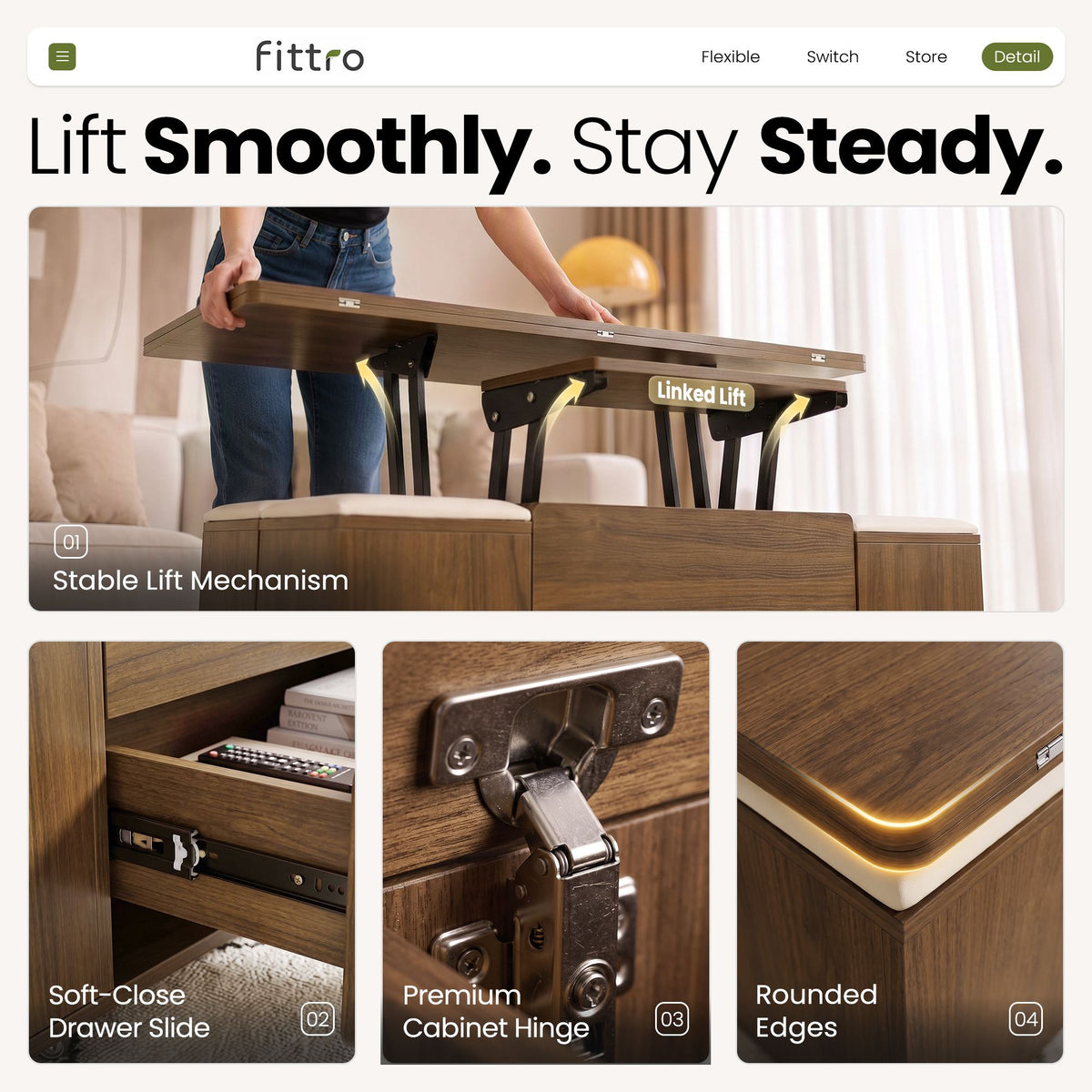 3-in-1 Lift-Top Coffee Table with 4 Cushioned Chairs, Storage, Hydraulic Swivel & Lockable Castors - Walnut