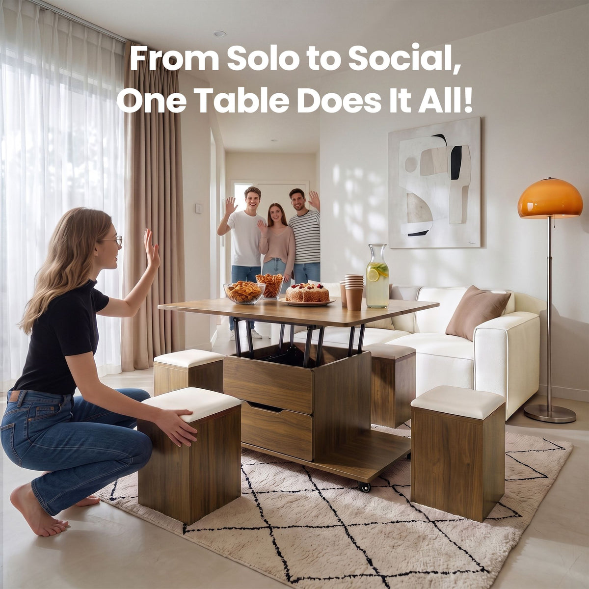 3-in-1 Lift-Top Coffee Table with 4 Cushioned Chairs, Storage, Hydraulic Swivel & Lockable Castors - Walnut