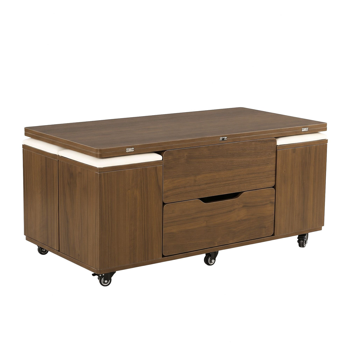 3-in-1 Lift-Top Coffee Table with 4 Cushioned Chairs, Storage, Hydraulic Swivel & Lockable Castors - Walnut