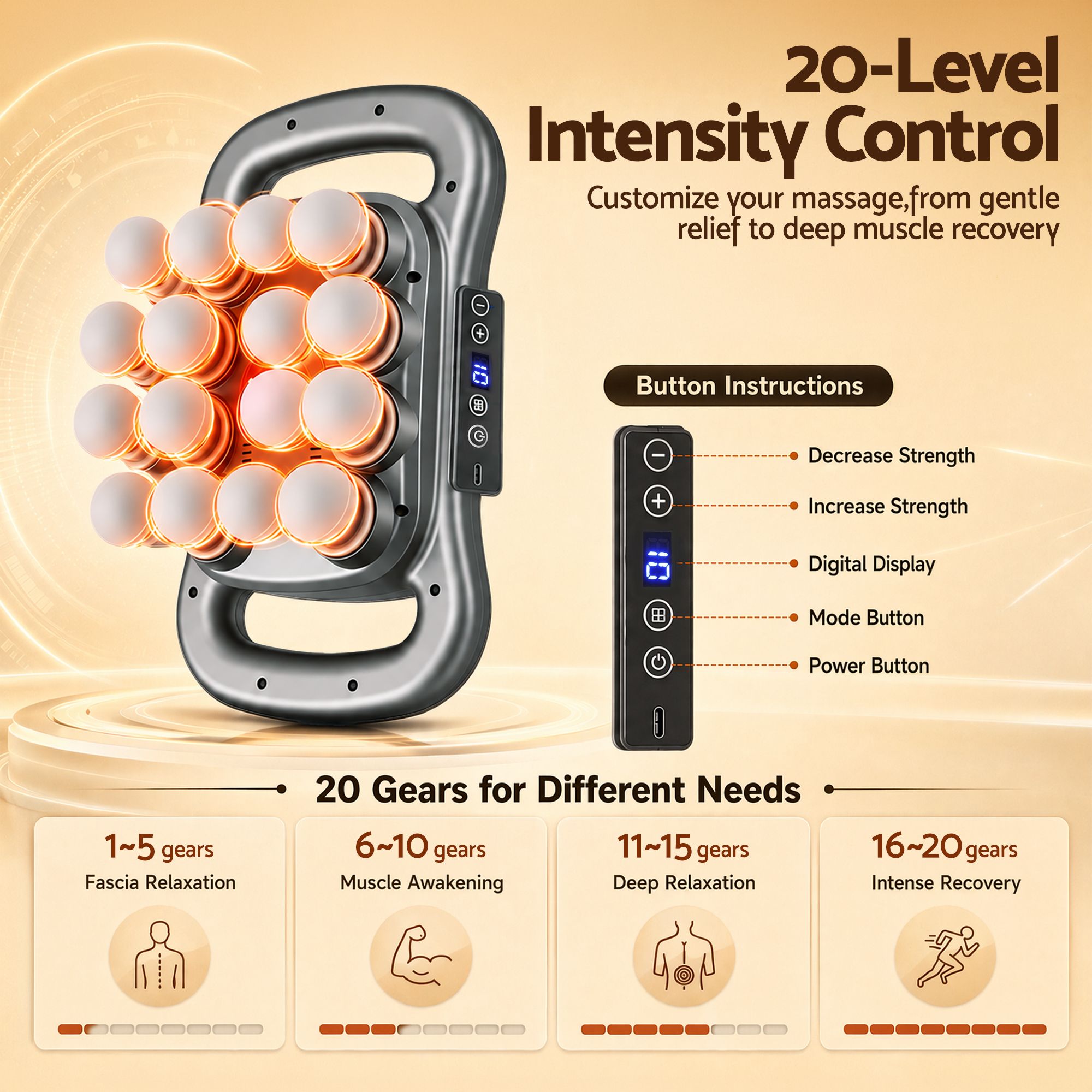 Deep Tissue Massager 16 Heads with 20 Intensities Deep Percussion Massage Gun Rechargeable