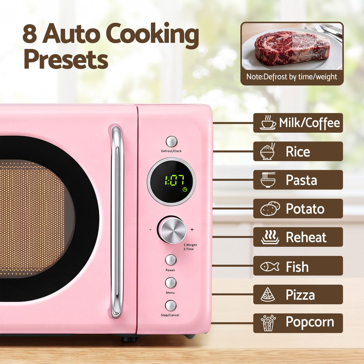 20L Microwave Oven 700W with 6 Power Levels and Auto Cook Menus - Pink