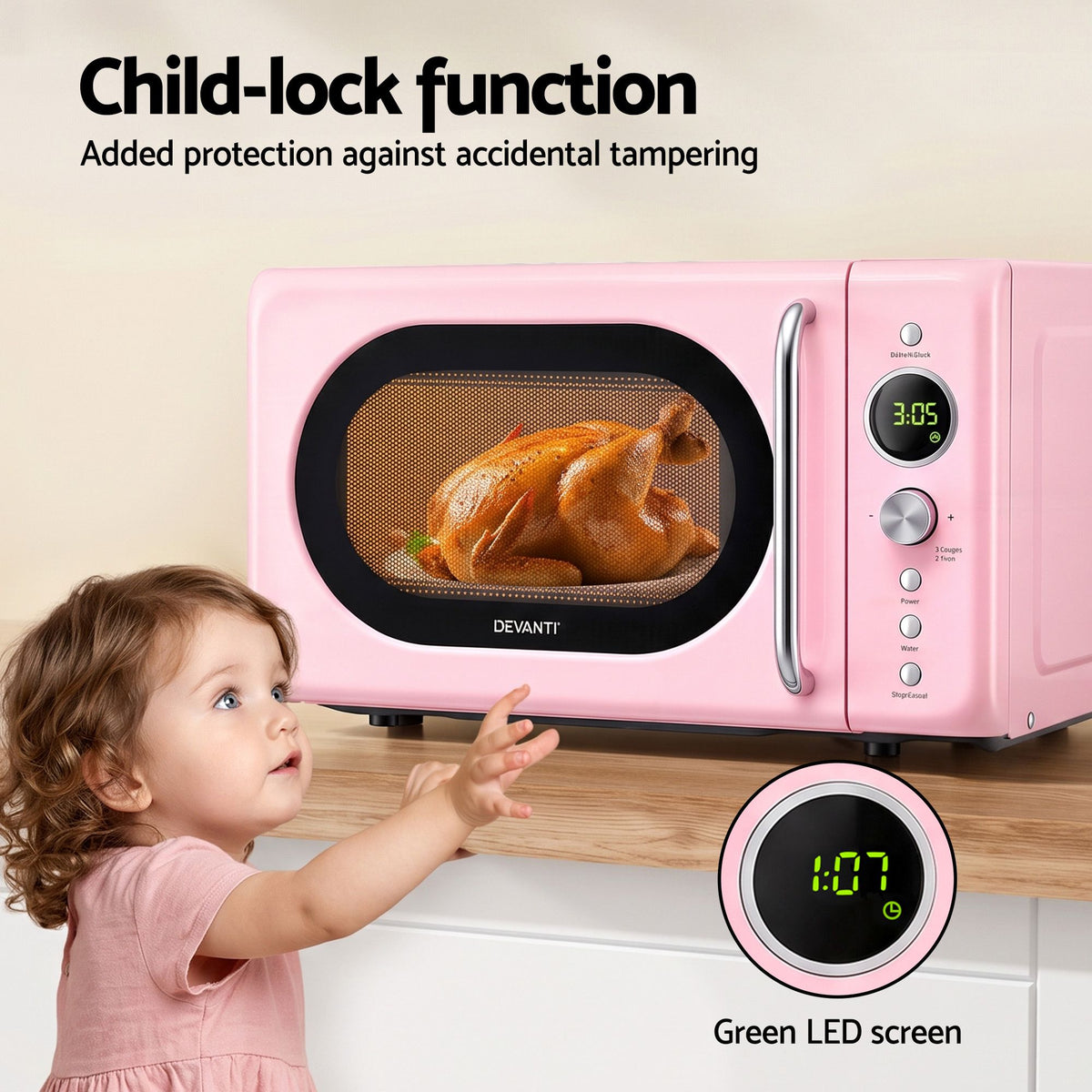 20L Microwave Oven 700W with 6 Power Levels and Auto Cook Menus - Pink