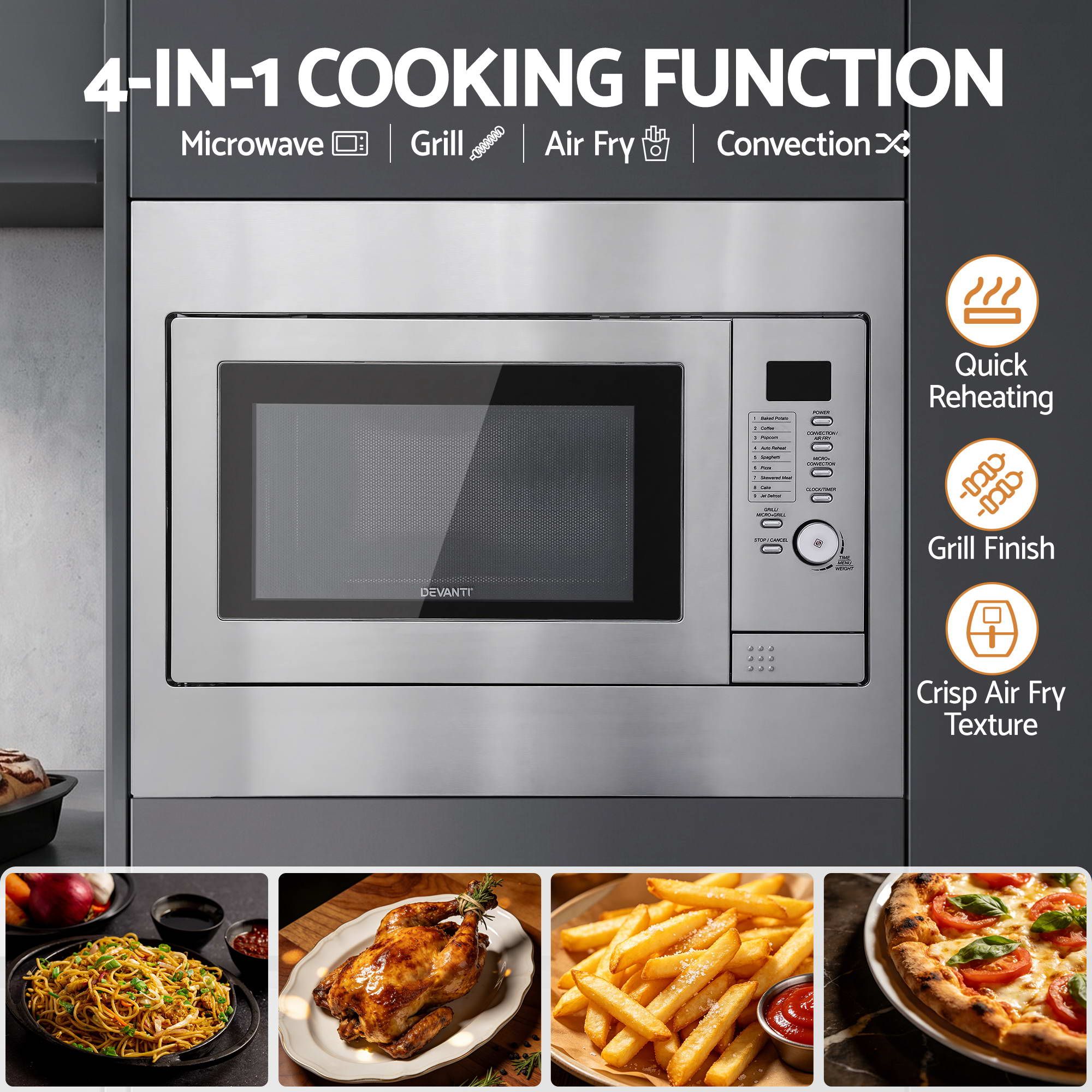 30L Built-In Microwave Oven with Grill, Air Fry & Convection - Silver