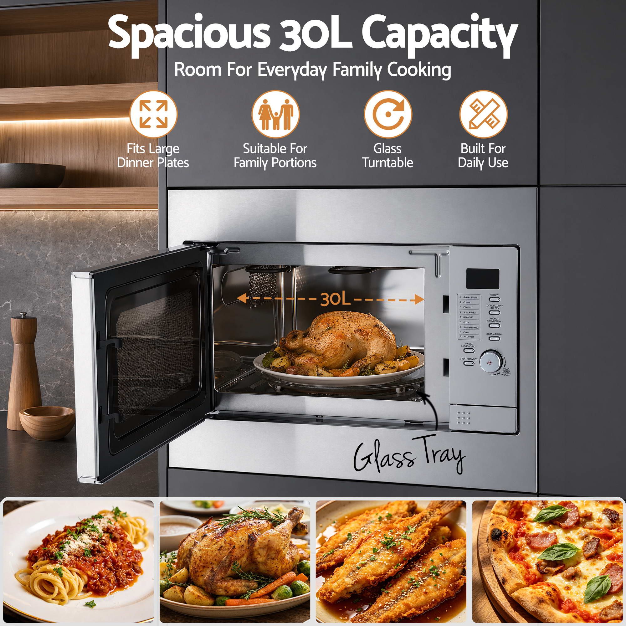 30L Built-In Microwave Oven with Grill, Air Fry & Convection - Silver