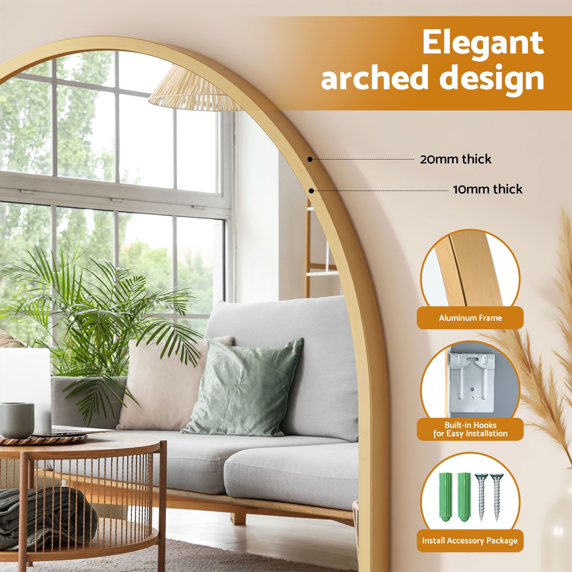 Arch Wall Mirror, Decorative Gold Frame Mirrors, 86x81cm Bathroom Vanity Mirror, Slim Frame for Living Room Entryway Bedroom Decor