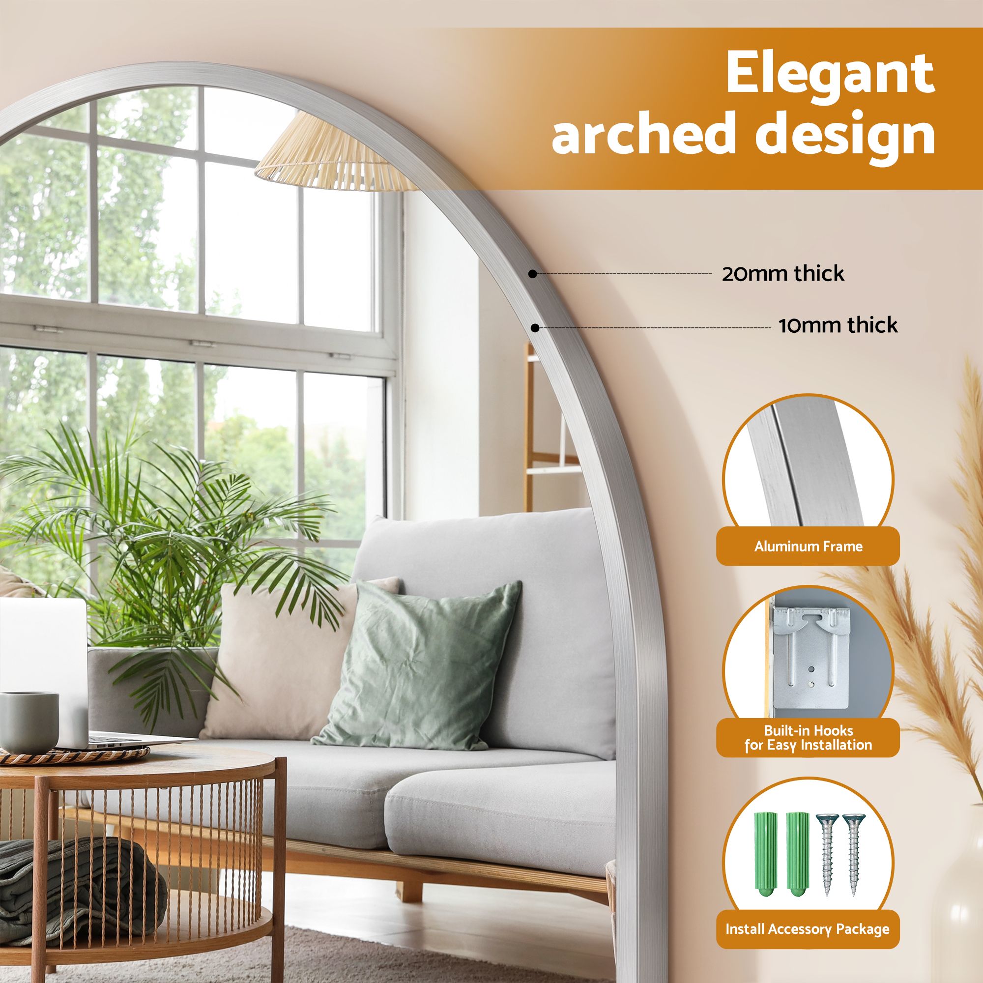 Arch Wall Mirror, Decorative Silver Frame Mirrors, 61x41cm Bathroom Vanity Mirror, Slim Frame for Living Room Entryway Bedroom Decor