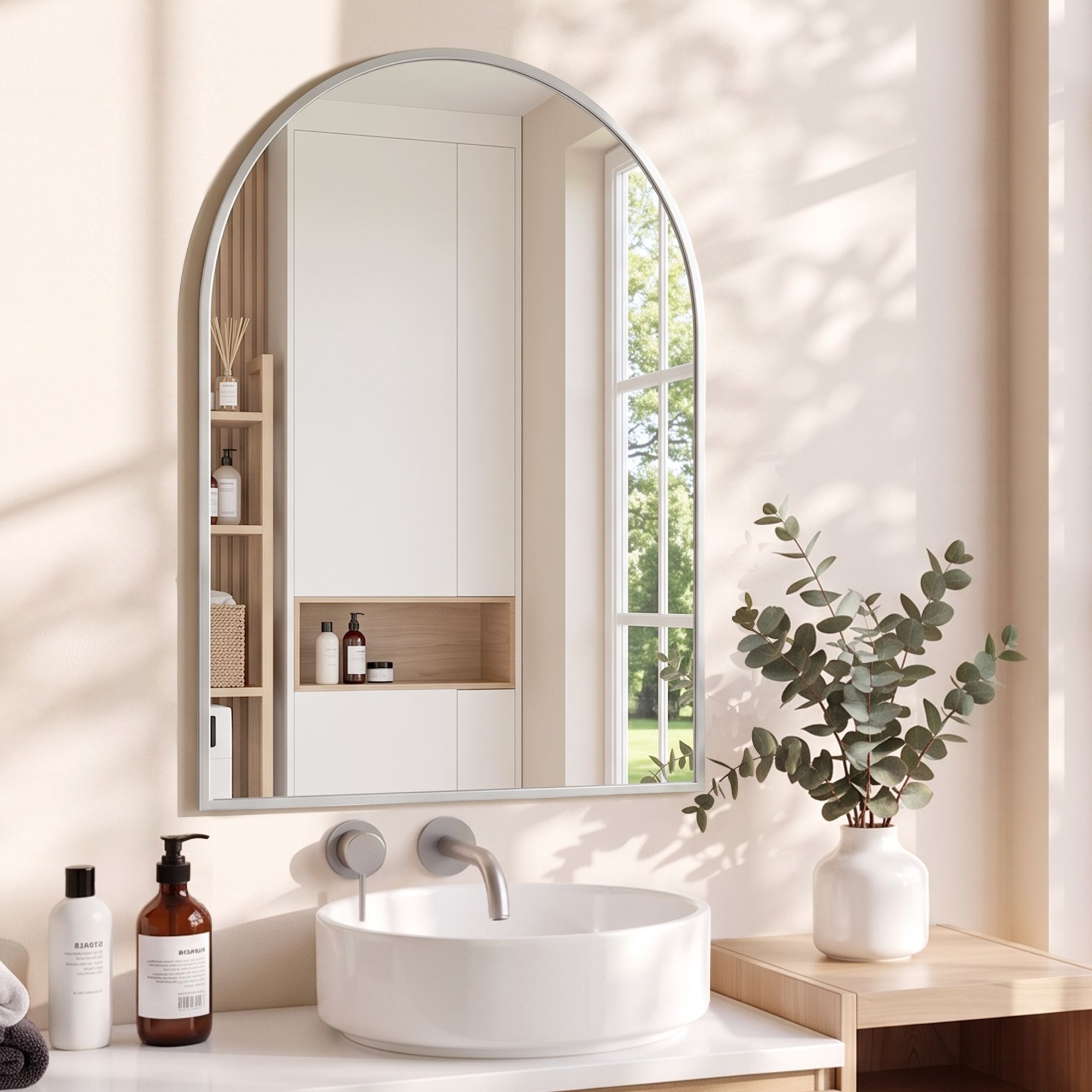 Arch Wall Mirror, Decorative Silver Frame Mirrors, 61x41cm Bathroom Vanity Mirror, Slim Frame for Living Room Entryway Bedroom Decor