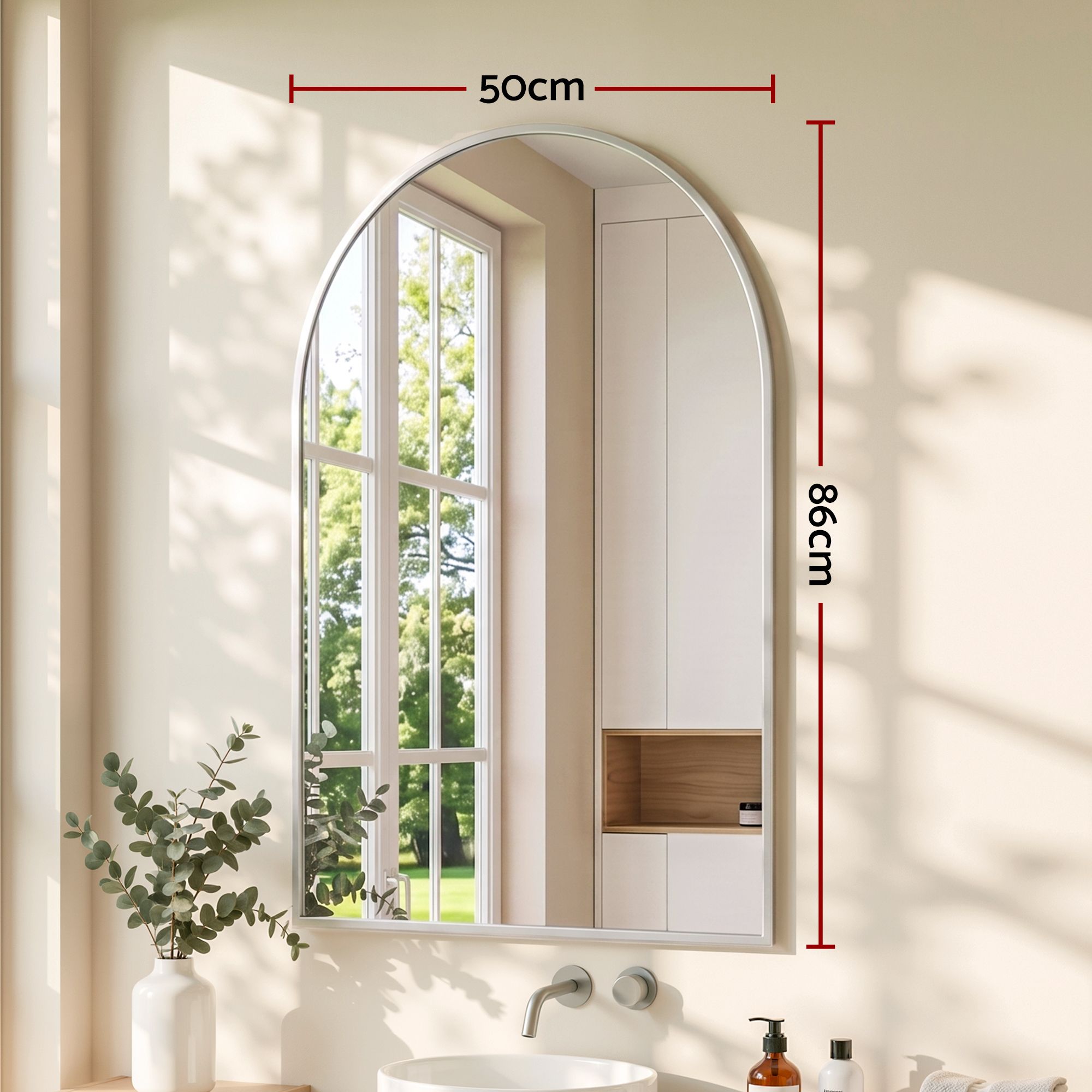 Arch Wall Mirror, Decorative Silver Frame Mirrors, 86x50cm Bathroom Vanity Mirror, Slim Frame for Living Room Entryway Bedroom Decor